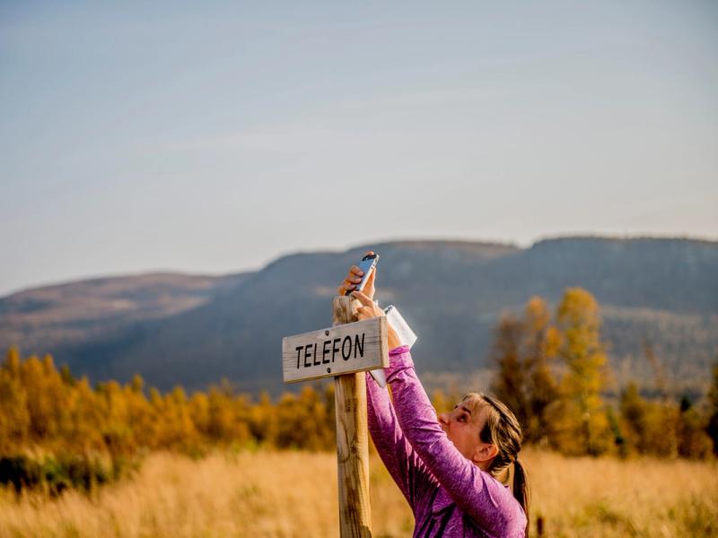 A person holding a cellphone in Langsua national park, Eastern Norway
