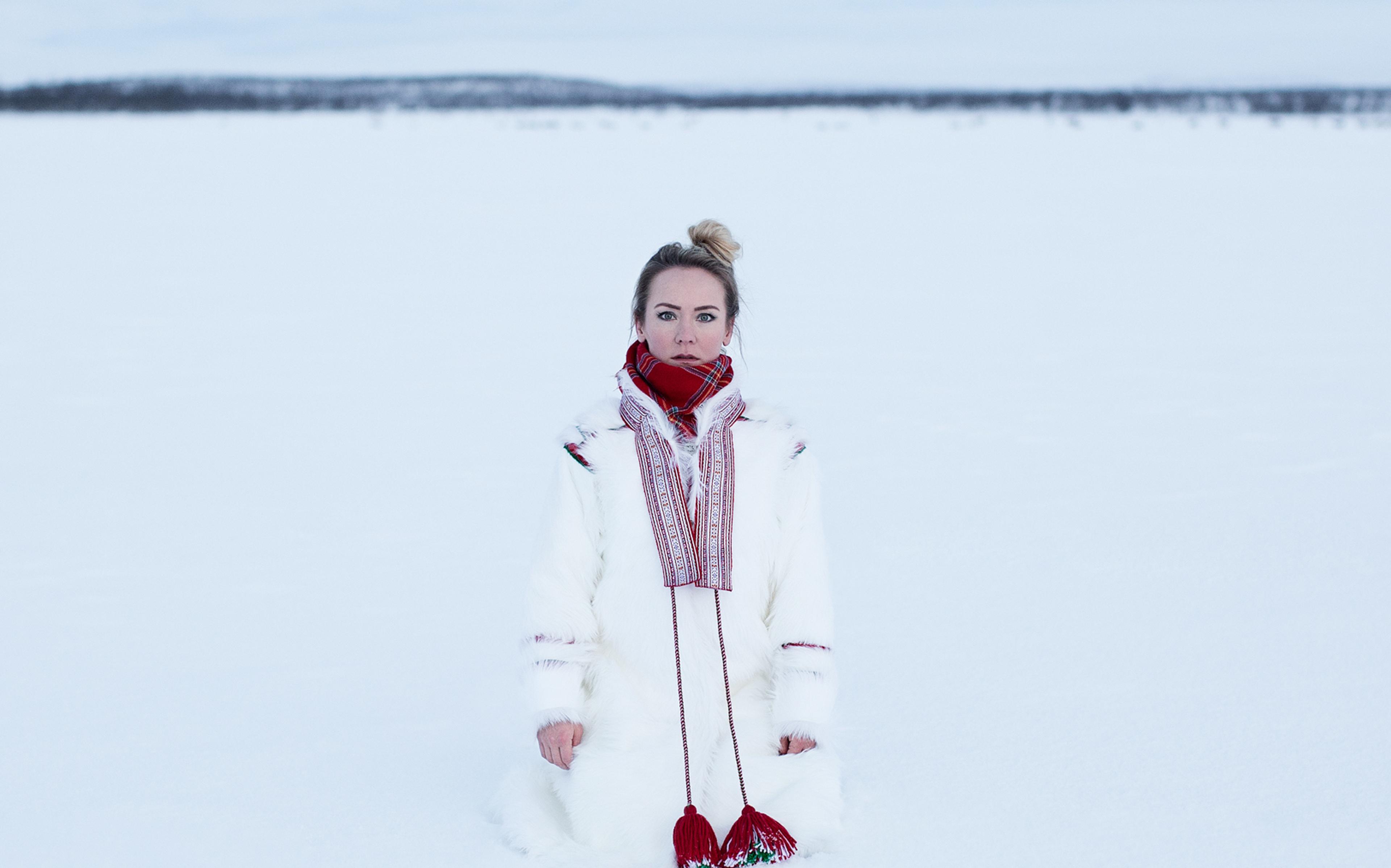 Portrait of Elle Márjá Eira outside in the snow in Northern Norway