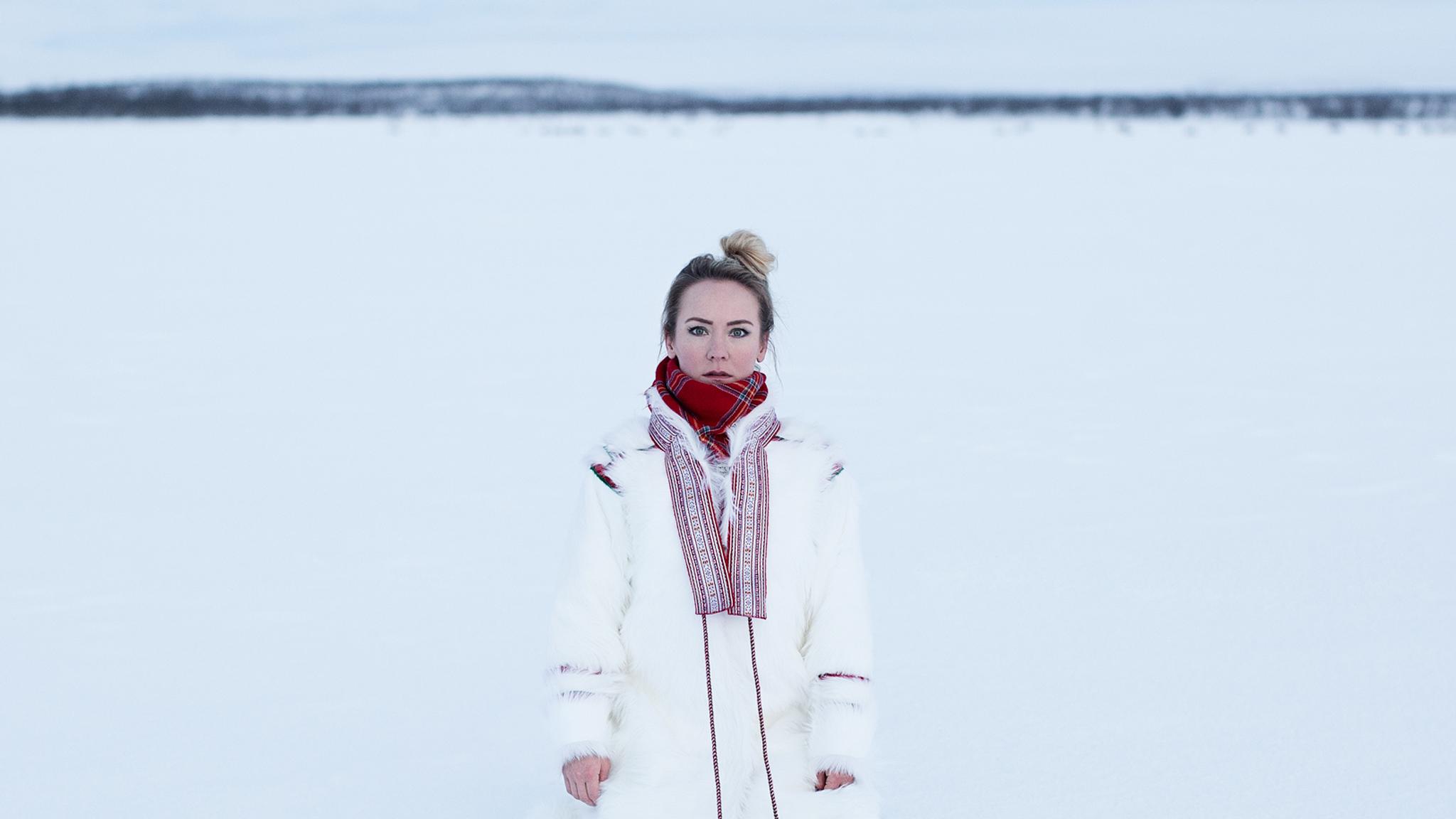 Portrait of Elle Márjá Eira outside in the snow in Northern Norway