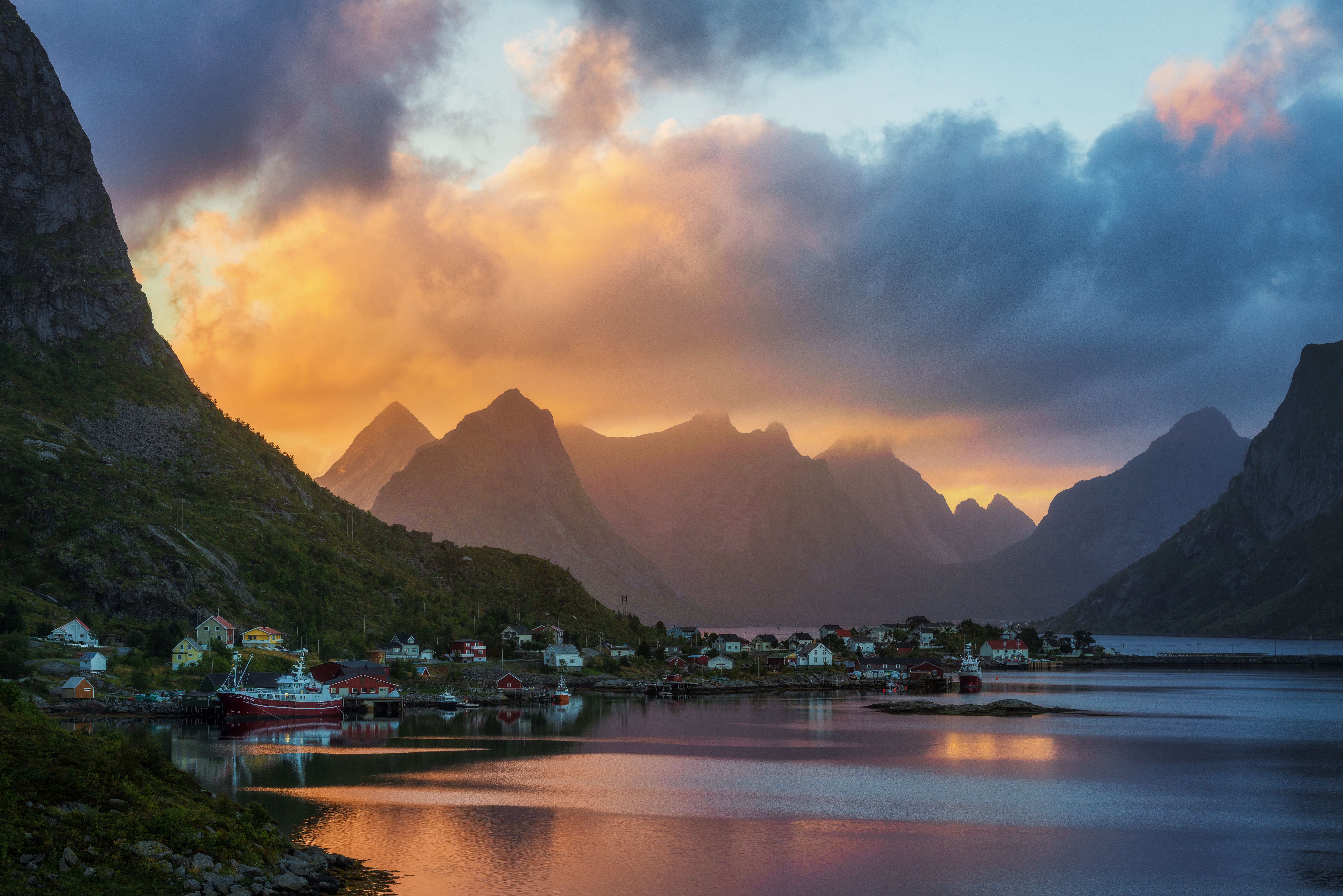 The fishing village Reine in Lofoten, Northern Norway between tall mountains
