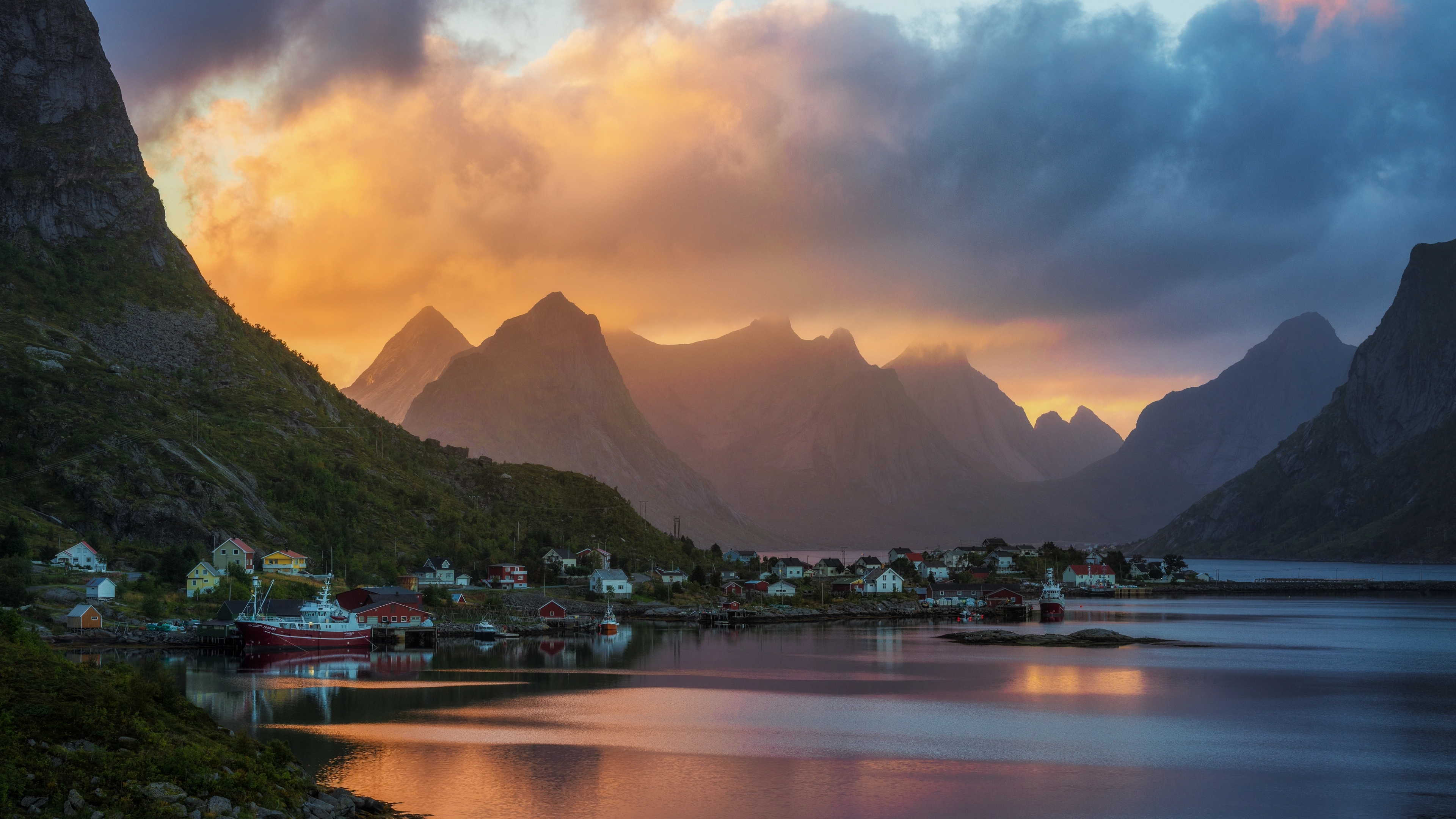 The fishing village Reine in Lofoten, Northern Norway between tall mountains