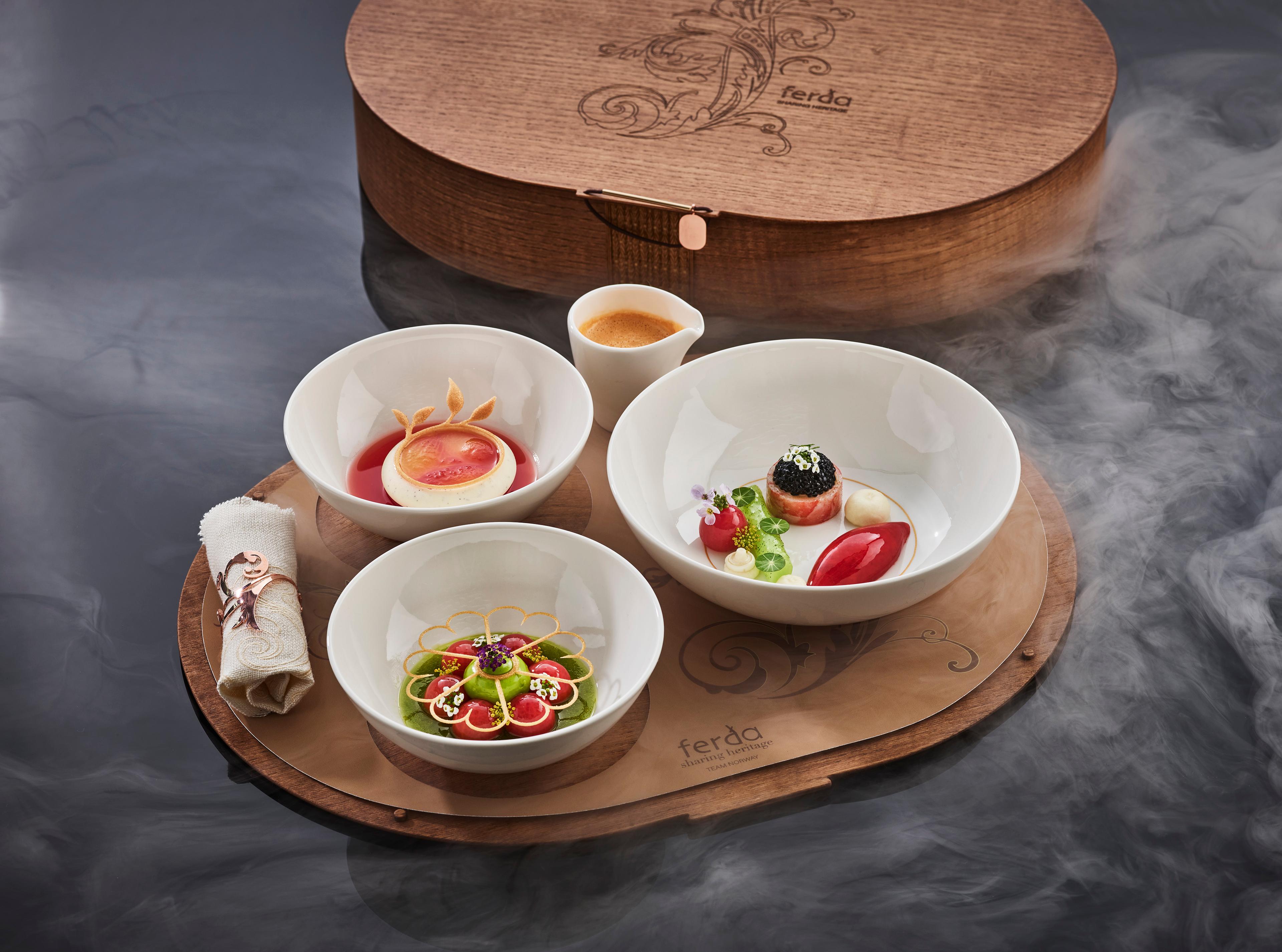 Three course takeaway meal with tomato at the Bocuse d'Or