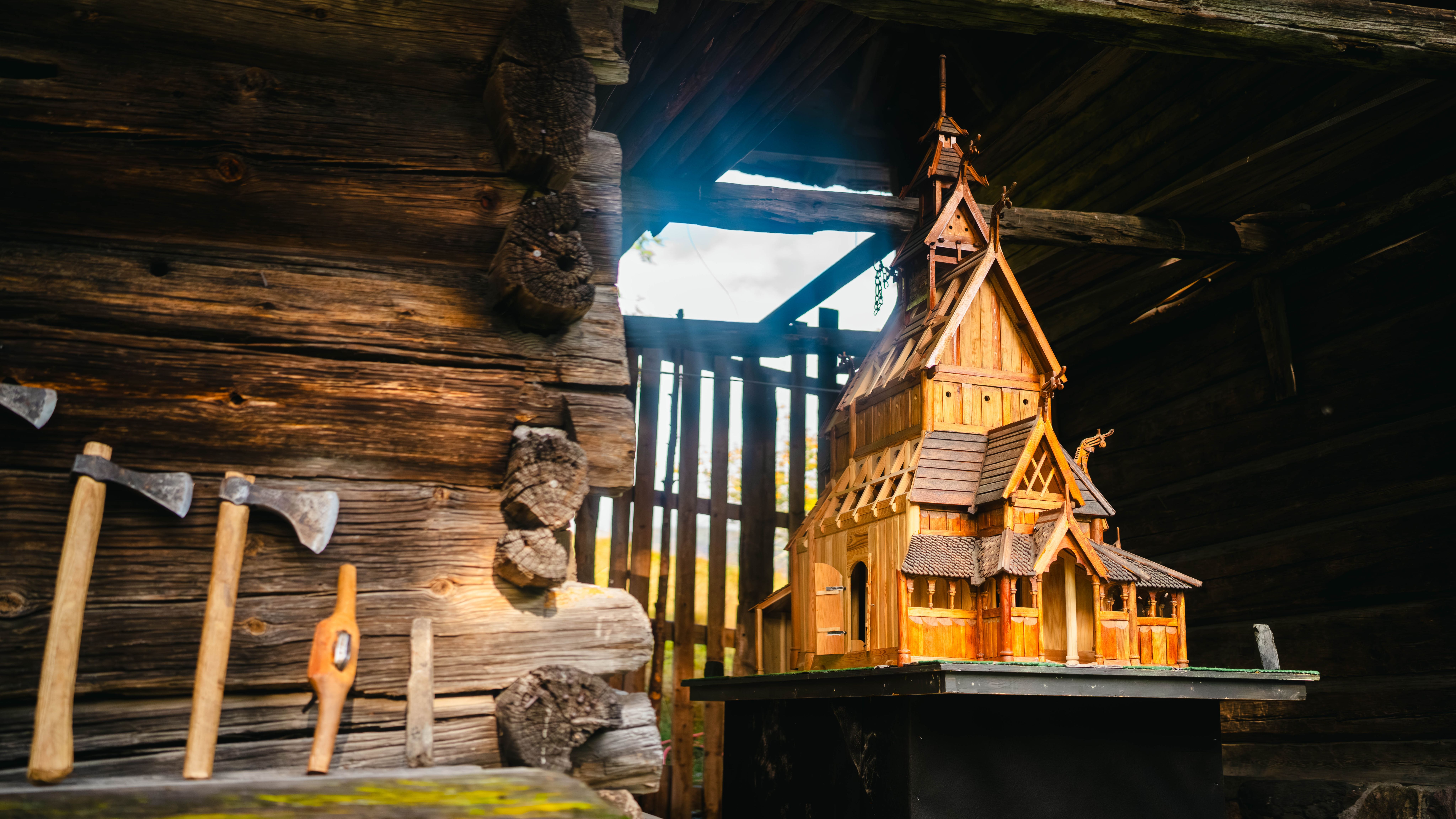 Model of Setesdal stave church and some axes