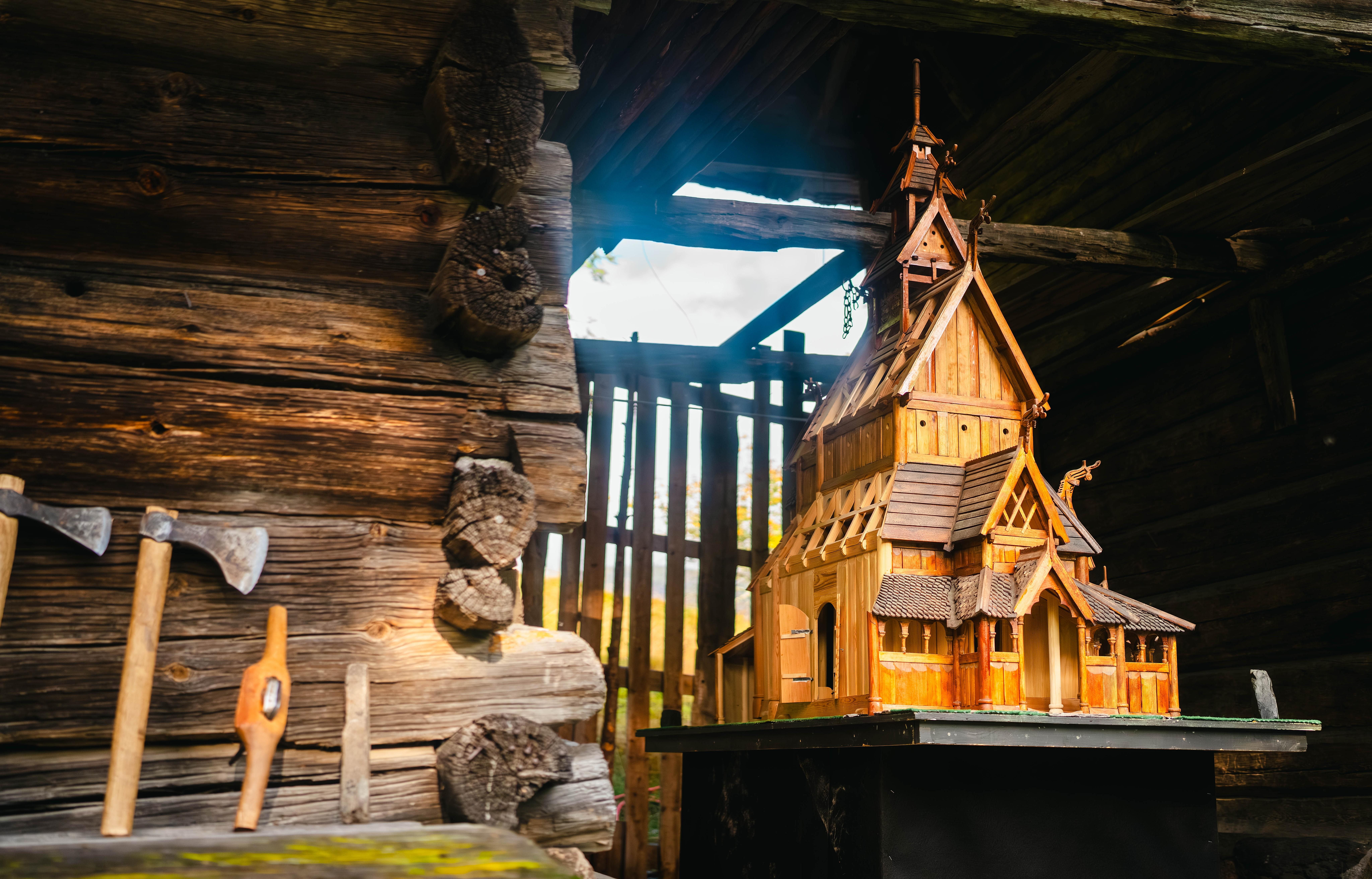Model of Setesdal stave church and some axes