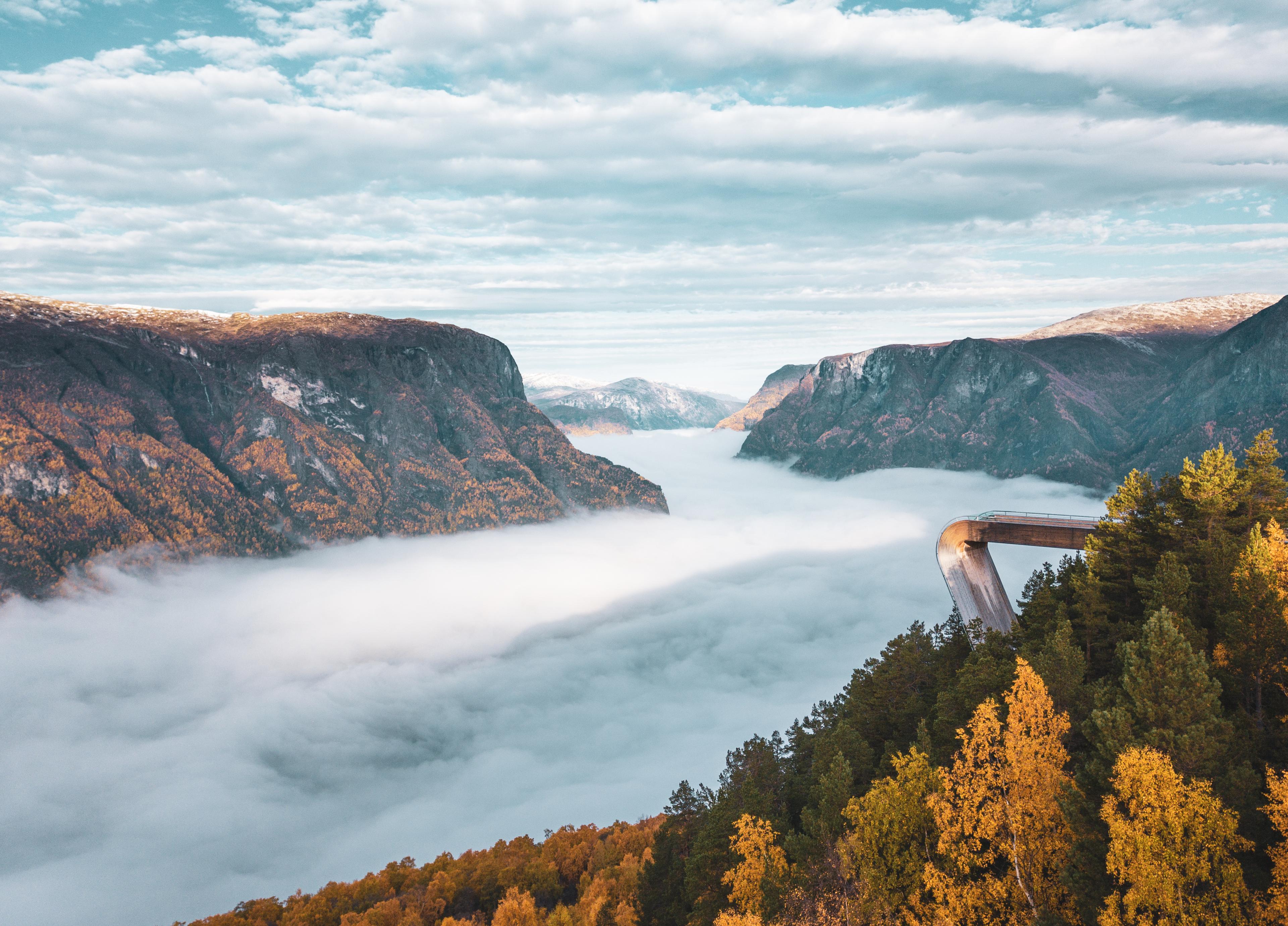 The Stegastein viewpoint by National Scenic route Aurandsfjellet in the Sognefjord area of Fjord Norway
