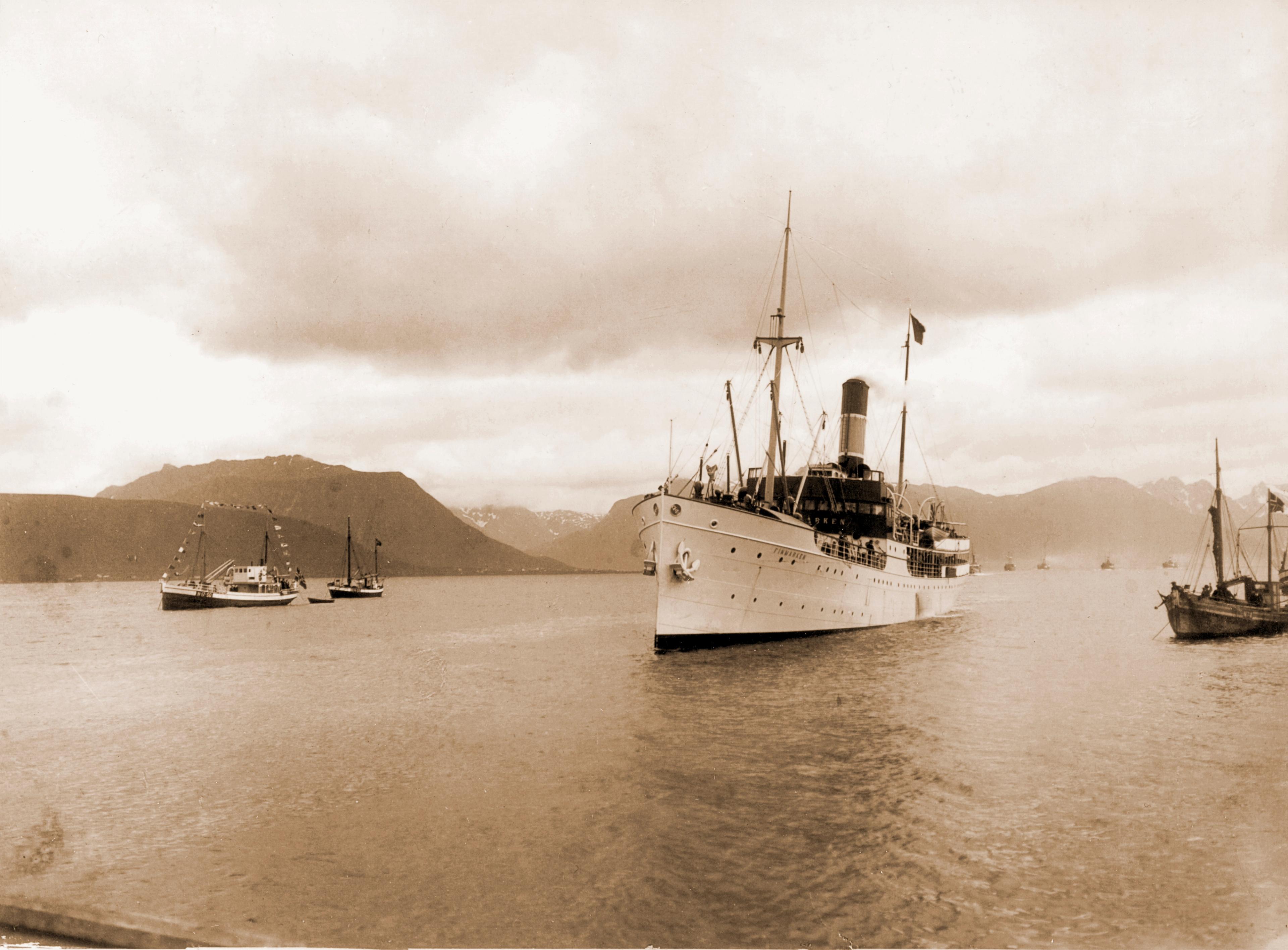 The Hurtigruten ship DS Finnmark opens the Risøy channel in Vesterålen, Northern Norway in 1912