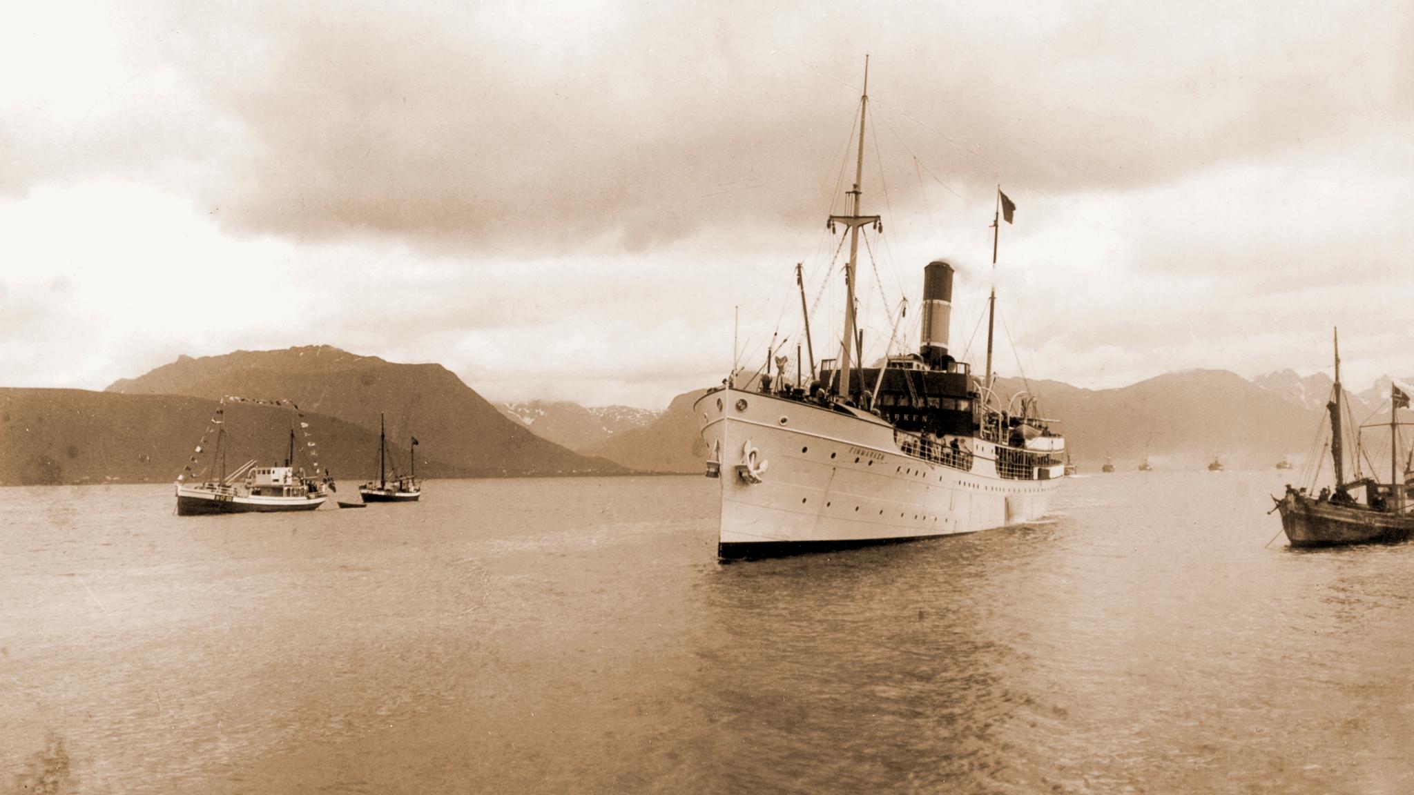 The Hurtigruten ship DS Finnmark opens the Risøy channel in Vesterålen, Northern Norway in 1912