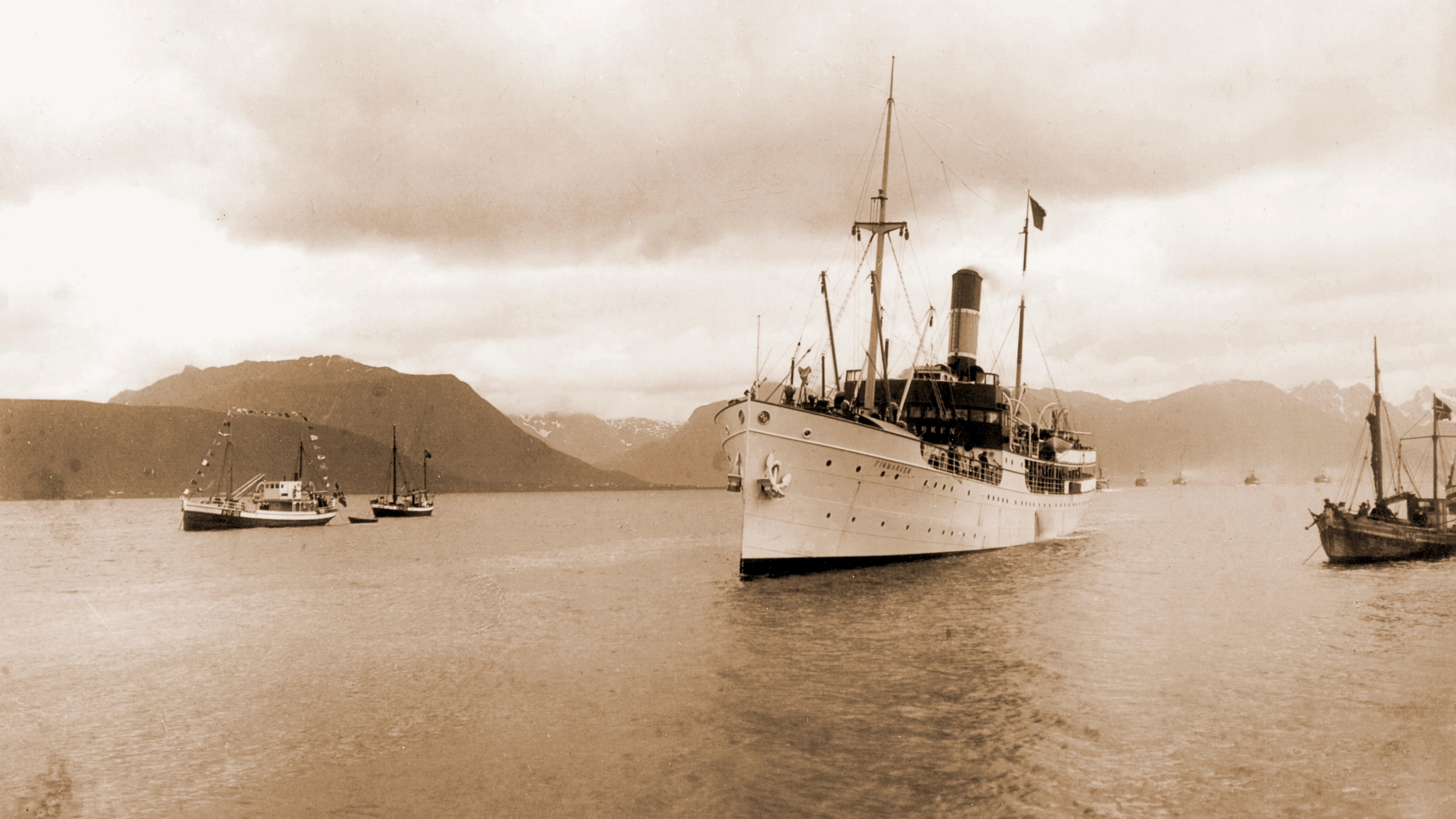 The Hurtigruten ship DS Finnmark opens the Risøy channel in Vesterålen, Northern Norway in 1912