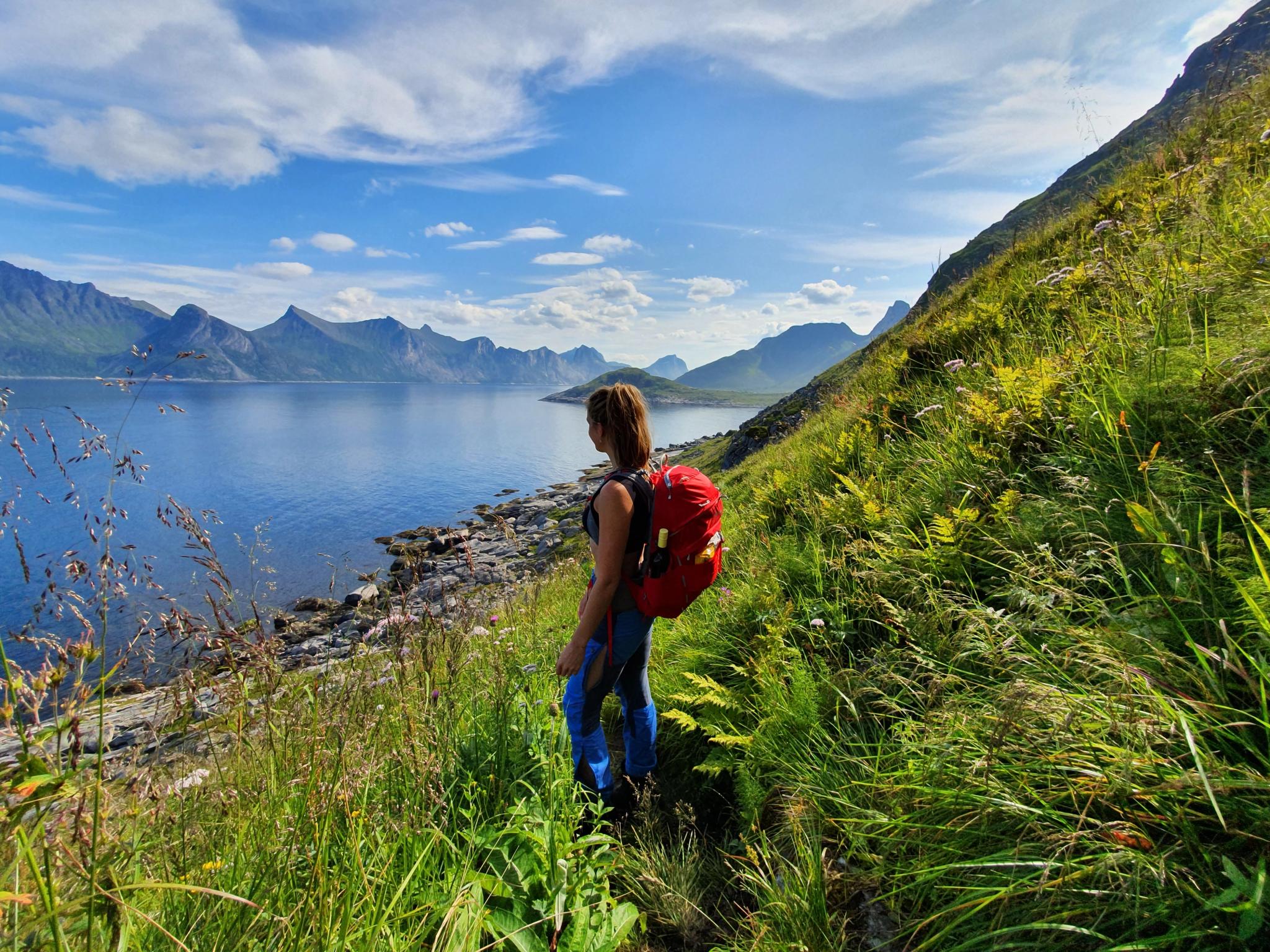 A woman hiking in the summer mountains by the fjord.