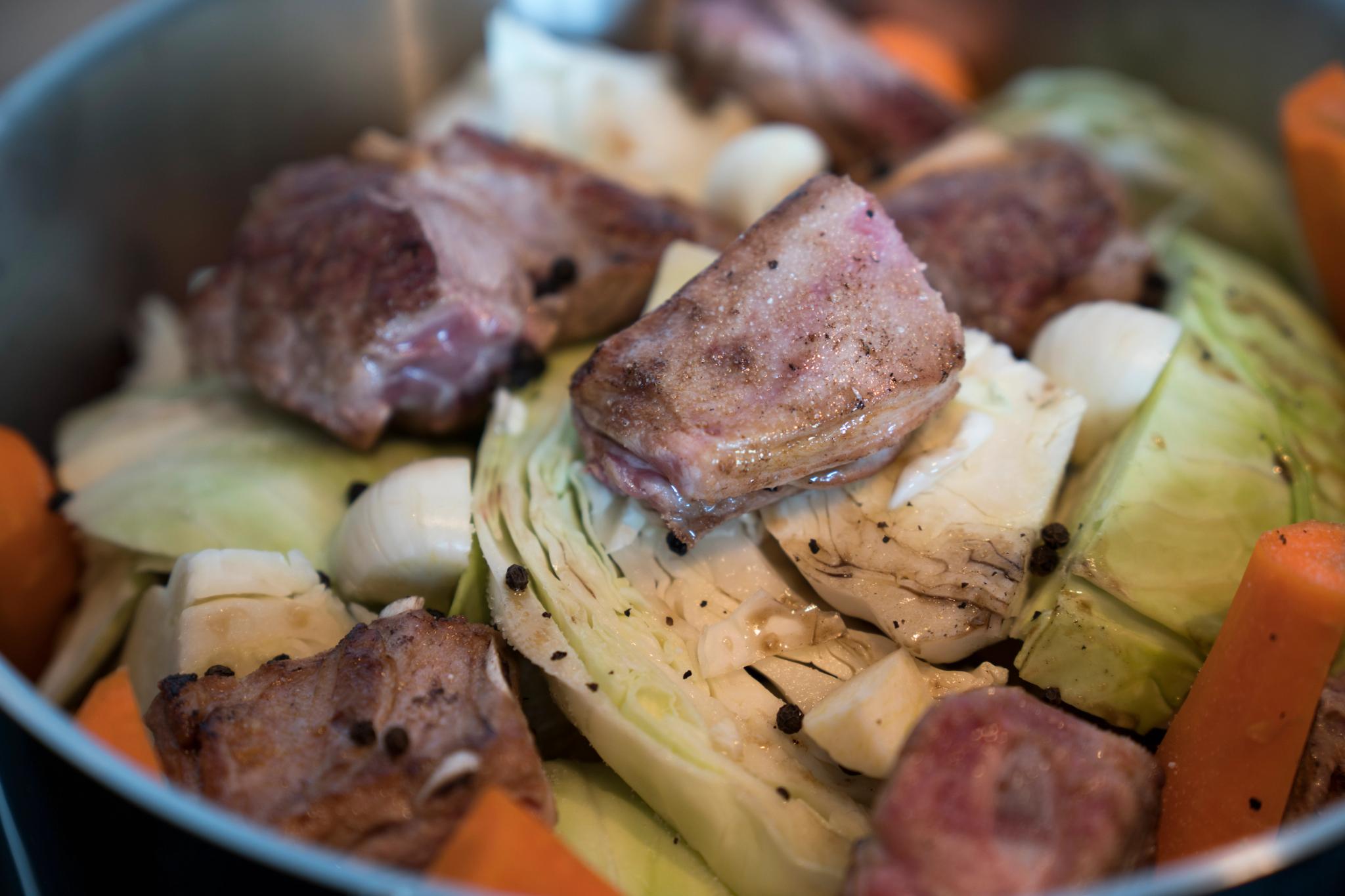 A pot full og fårikål lamb stew ingredients in Oslo, Eastern Norway