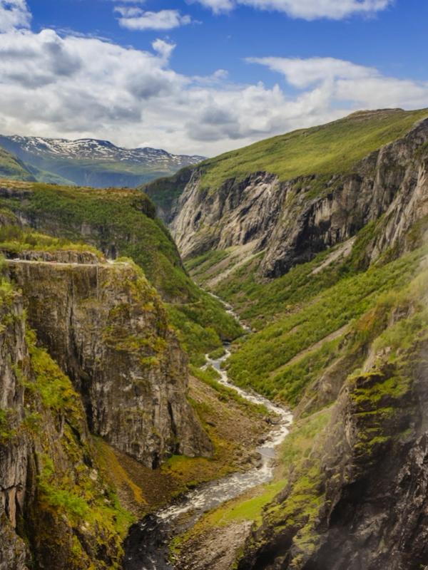 A lush valley with a river below