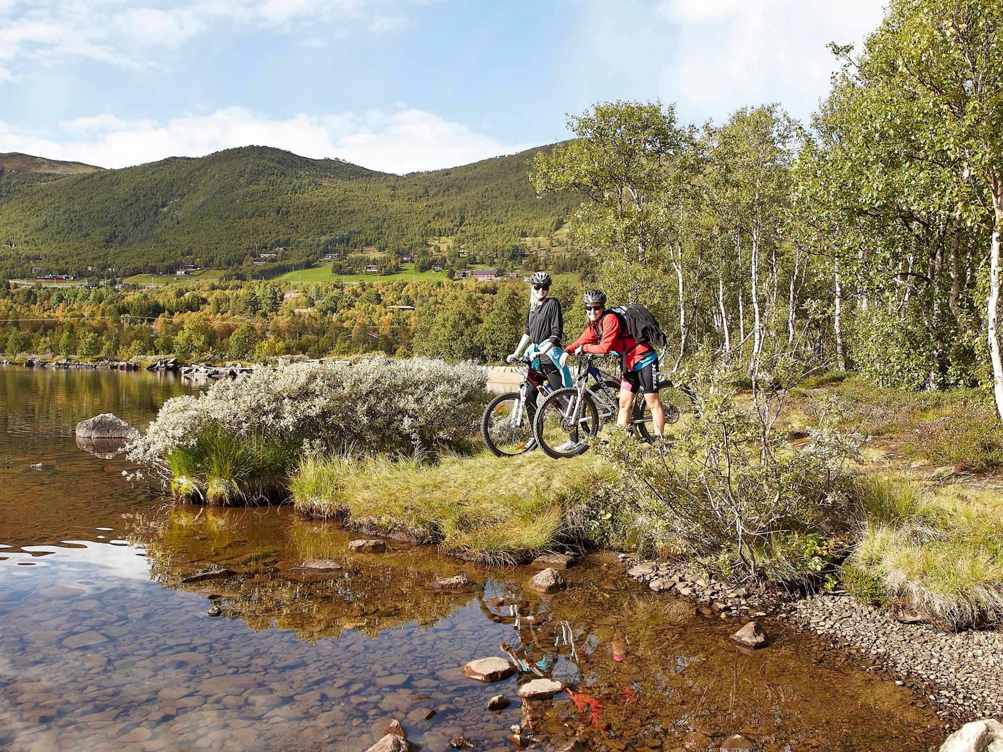A couple biking the Ustedalsfjord Round in Geilo, Eastern Norway
