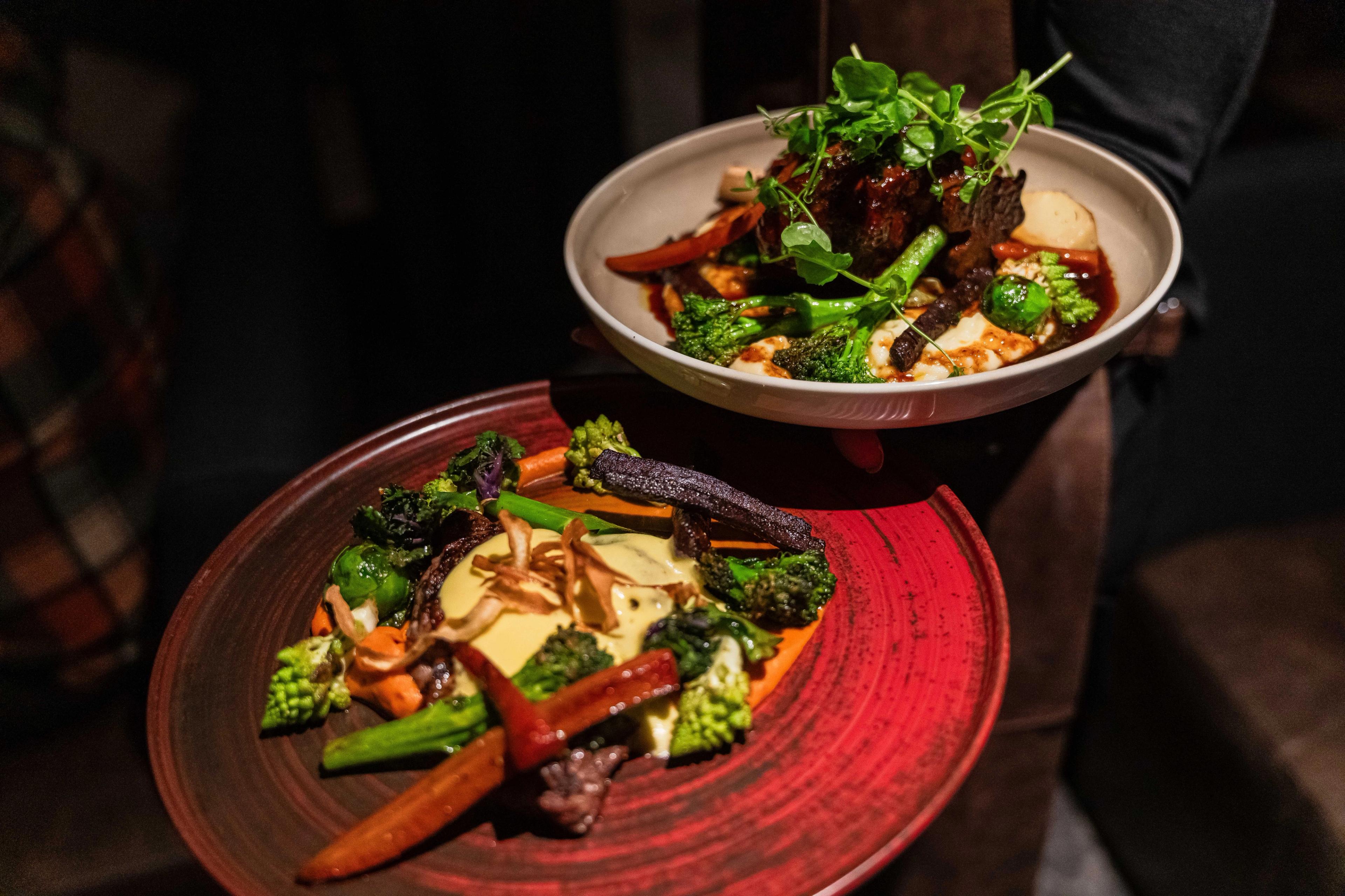 Two plates with meat, potatoes and vegetables.