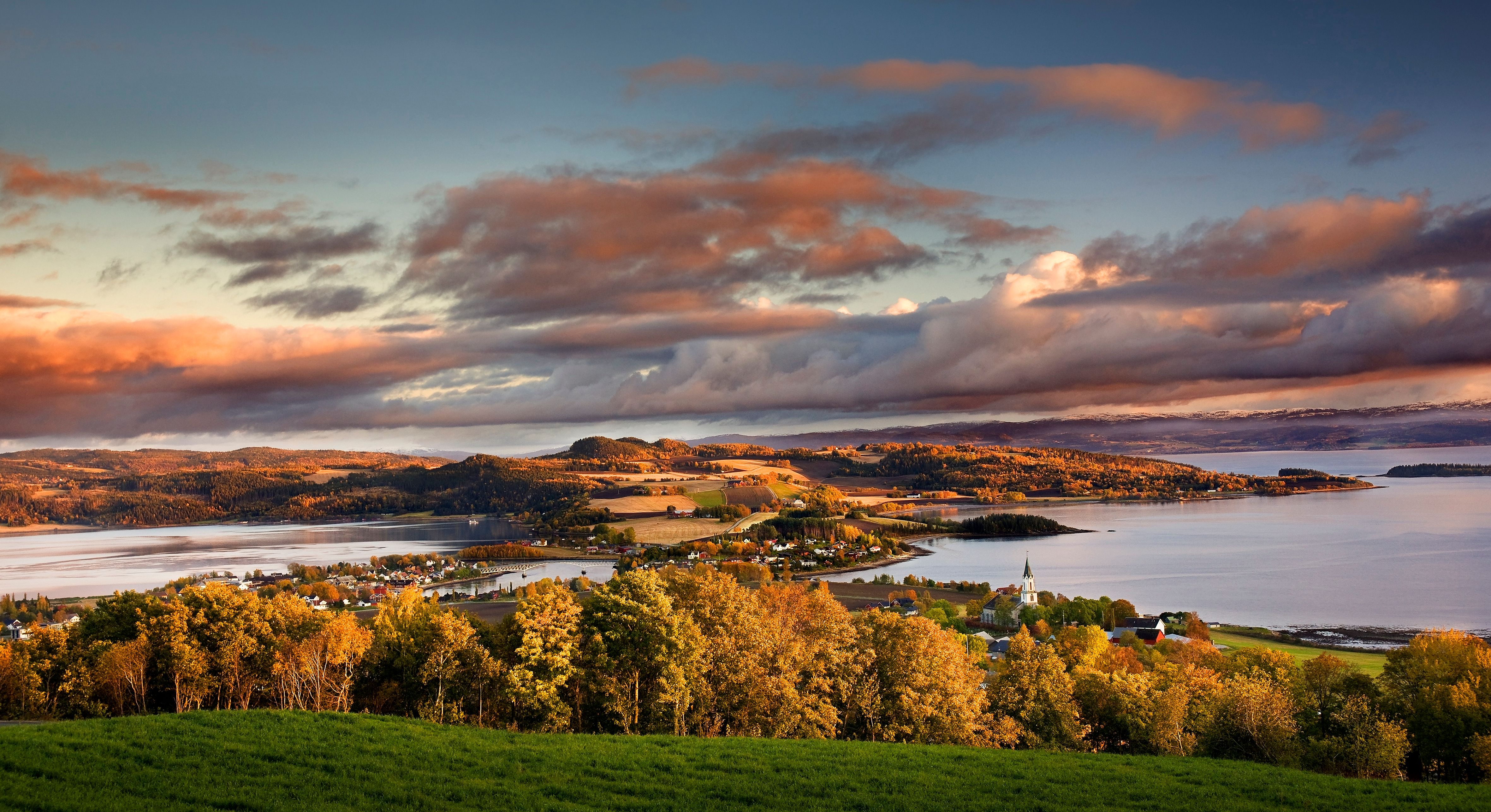 Overview of Inderøy in Innherred an autumn evening light. Trøndelag, Norway