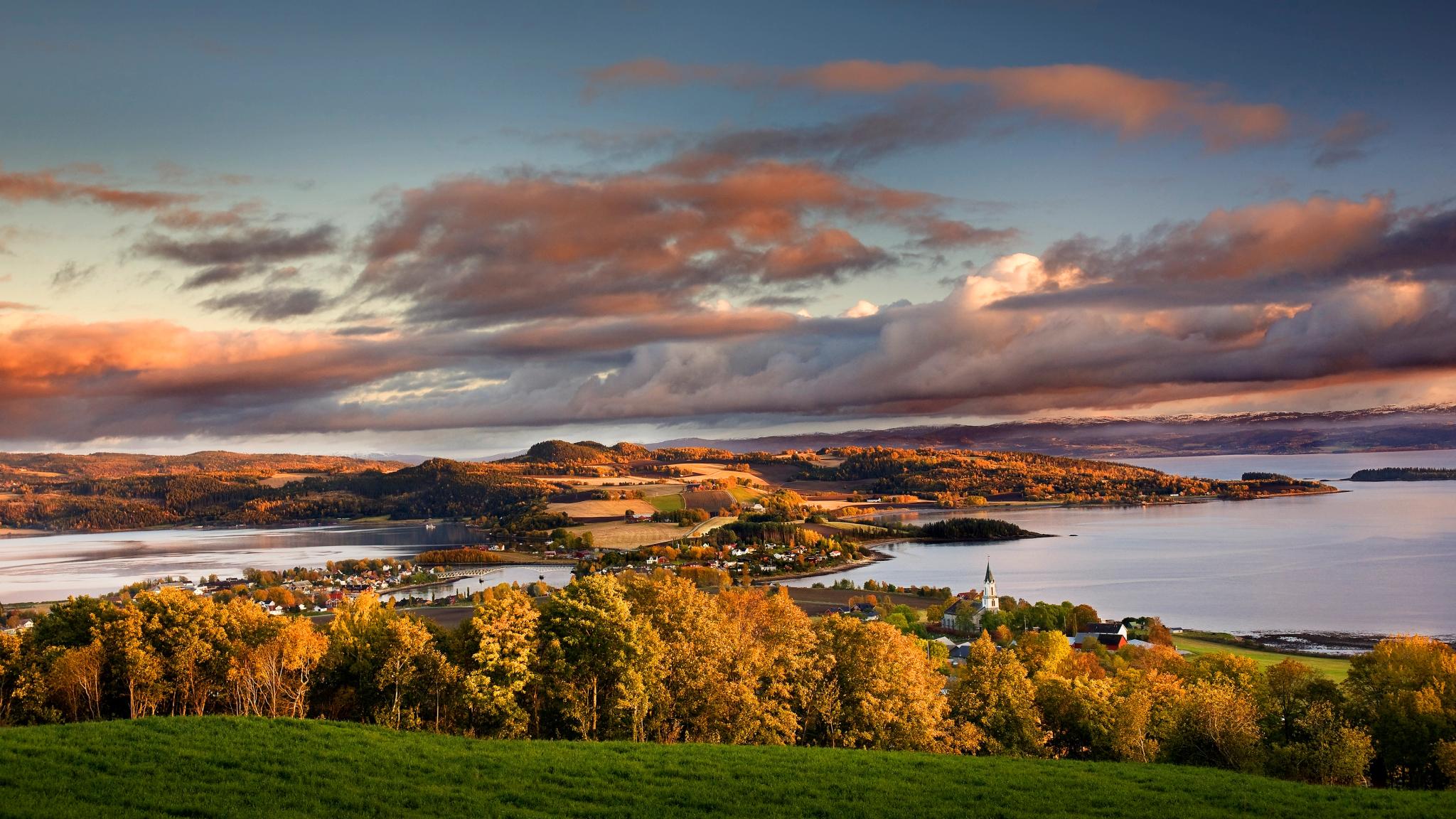 Overview of Inderøy in Innherred an autumn evening light. Trøndelag, Norway