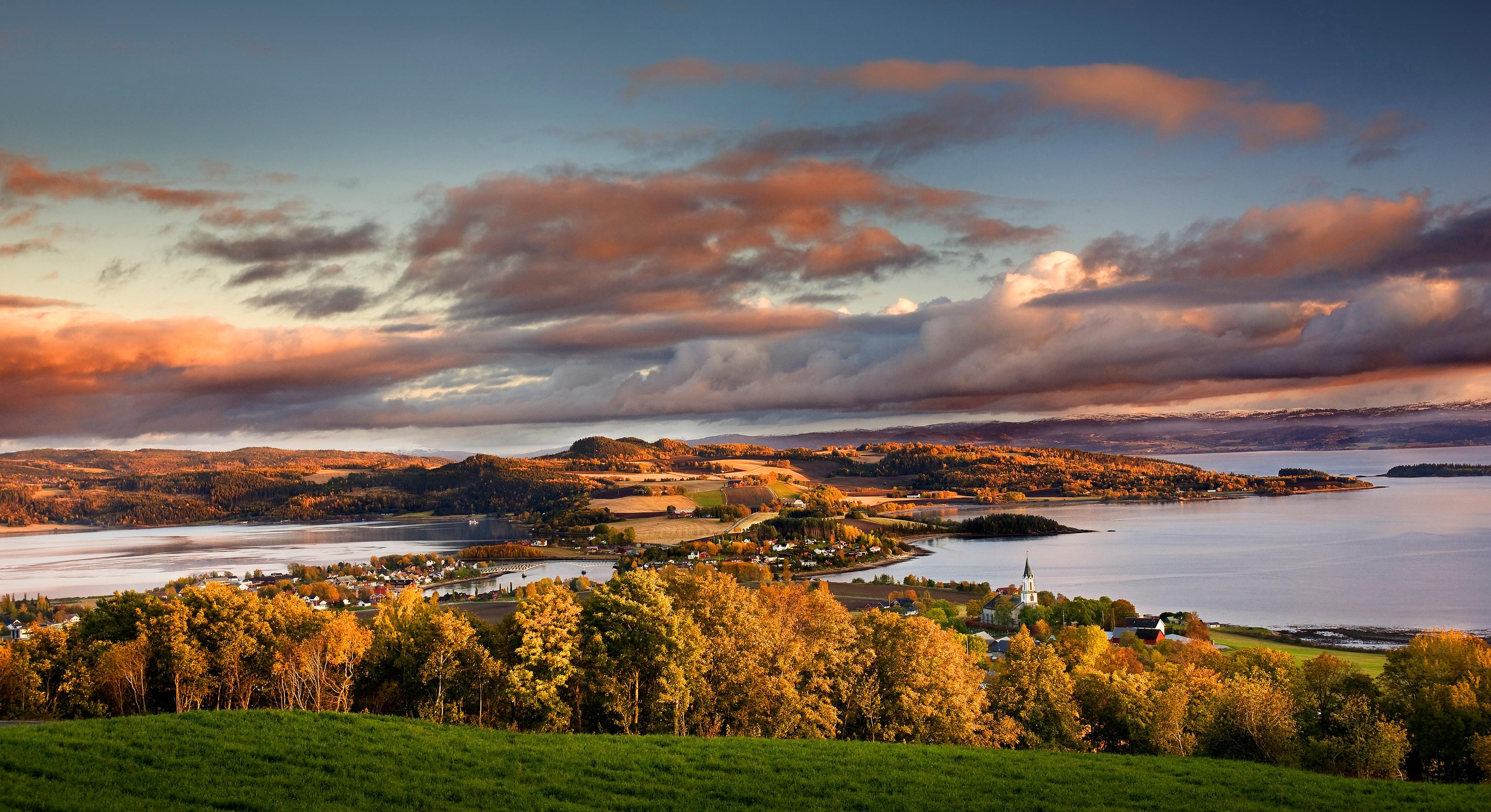 Overview of Inderøy in Innherred an autumn evening light. Trøndelag, Norway