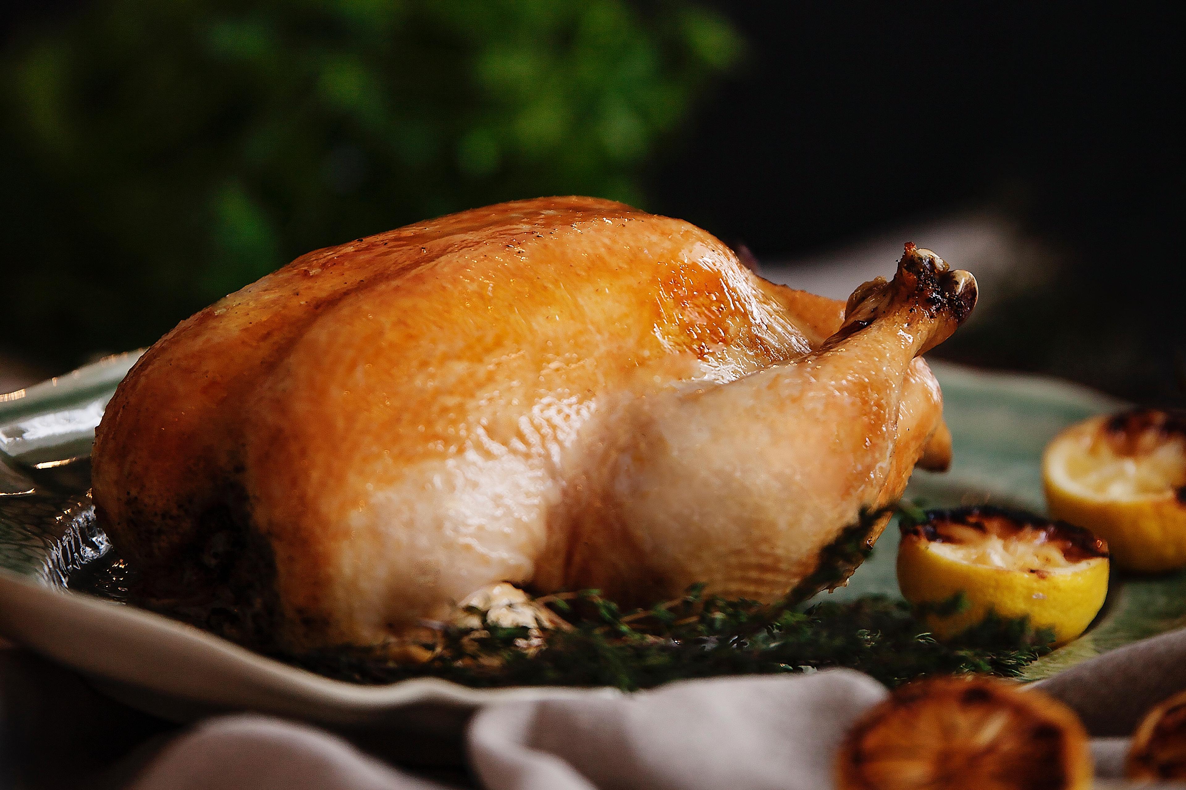 Roast chicken from Hovelsrud farm by Lake Mjøsa, Eastern Norway.