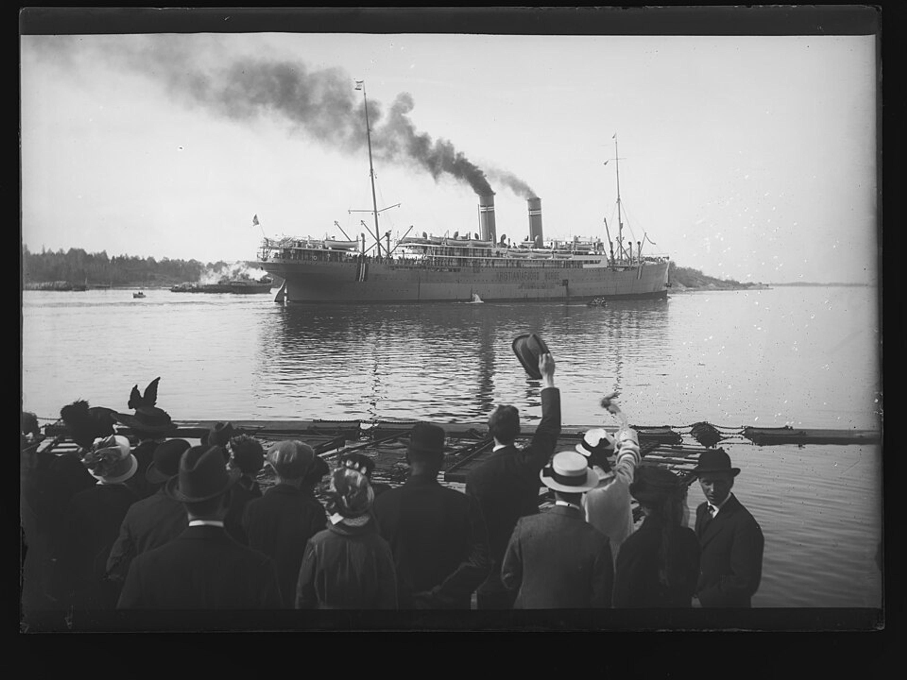 The Kristianiafjord ship leaving Kristiania (now Oslo), the capital of Norway, on its way to America during World War I
