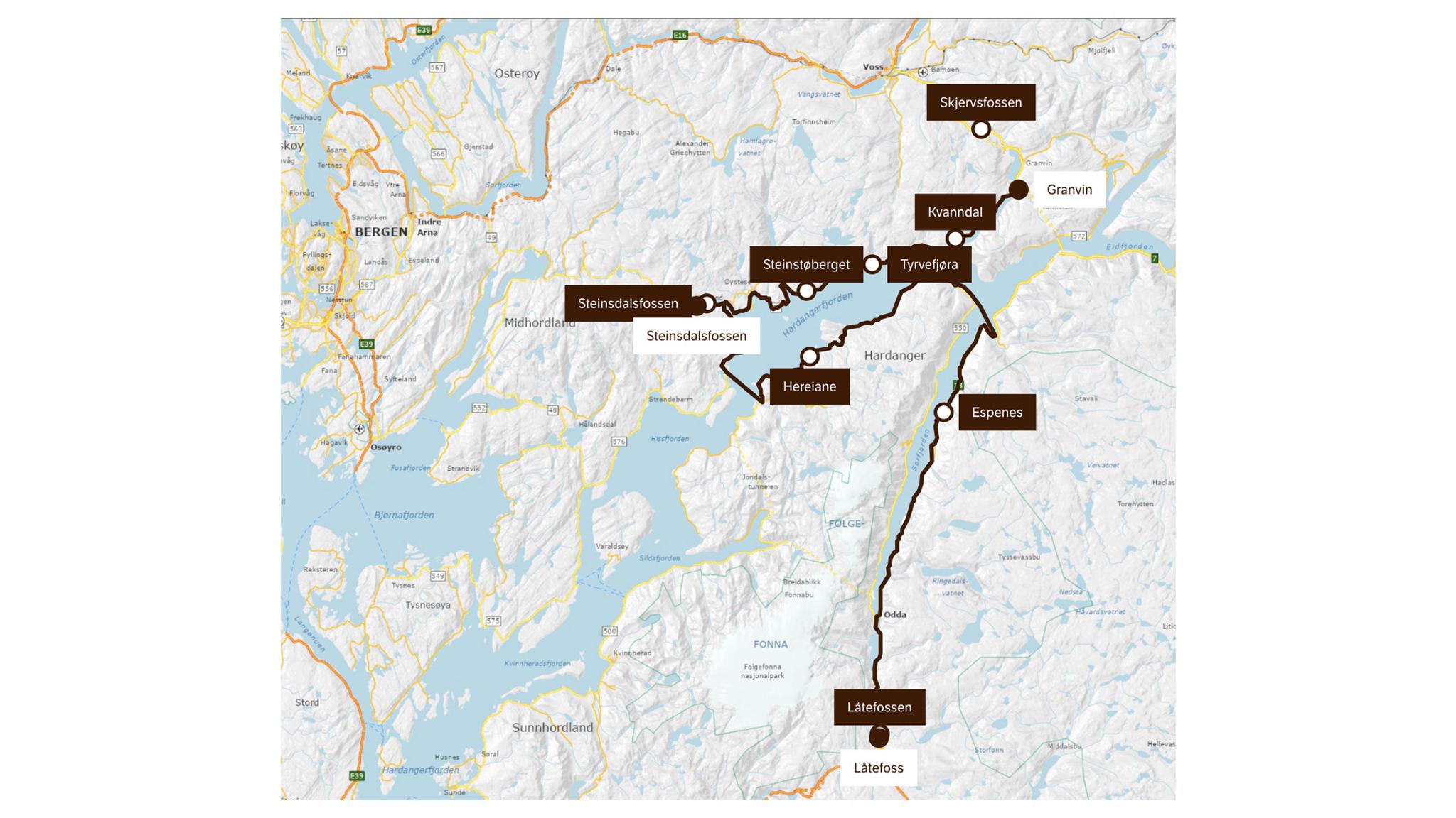 A map of the Hardanger scenic route