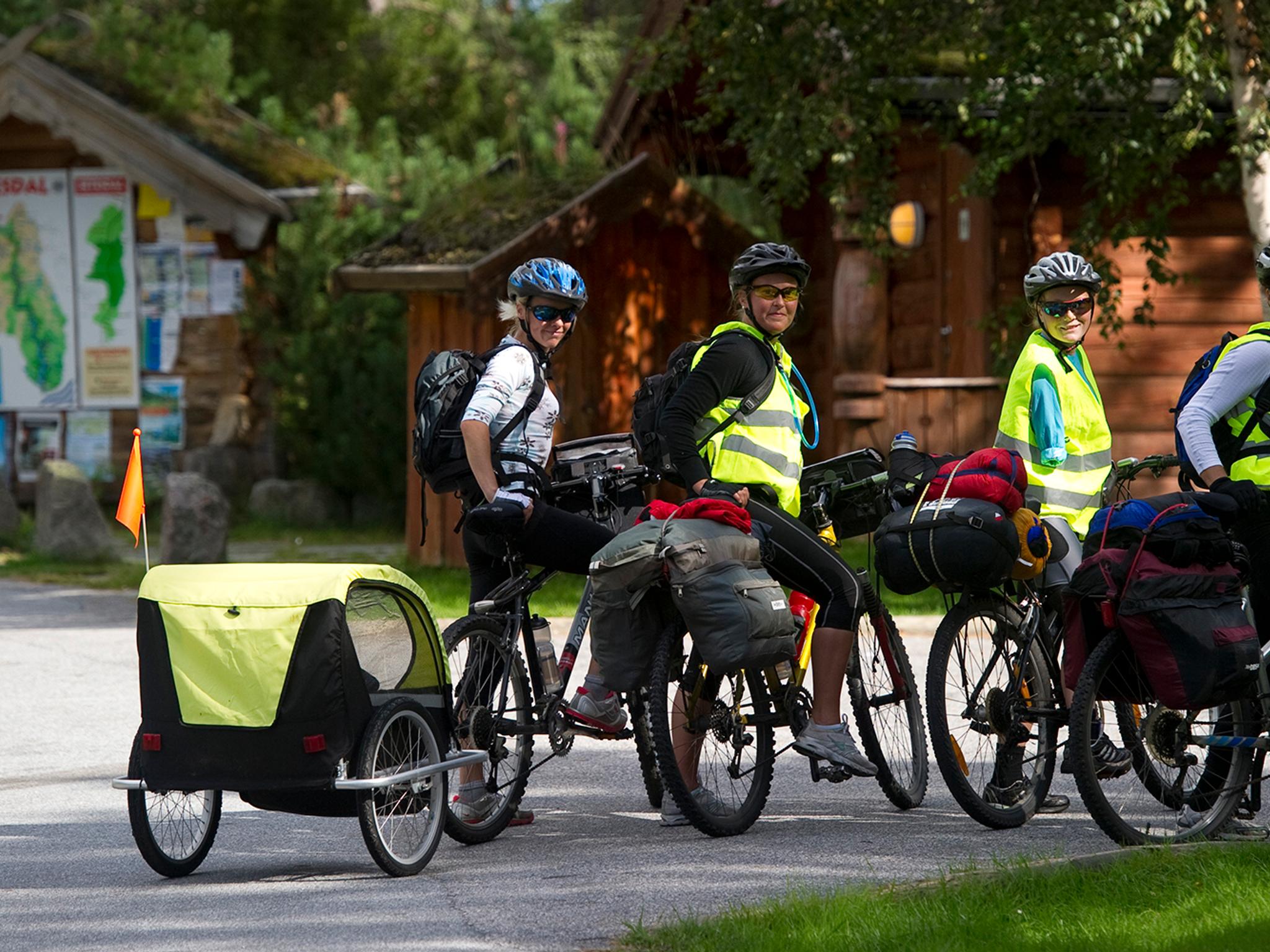 Vier Radfahrer mit reichlich Gepäck in Setesdal, Südnorwegen