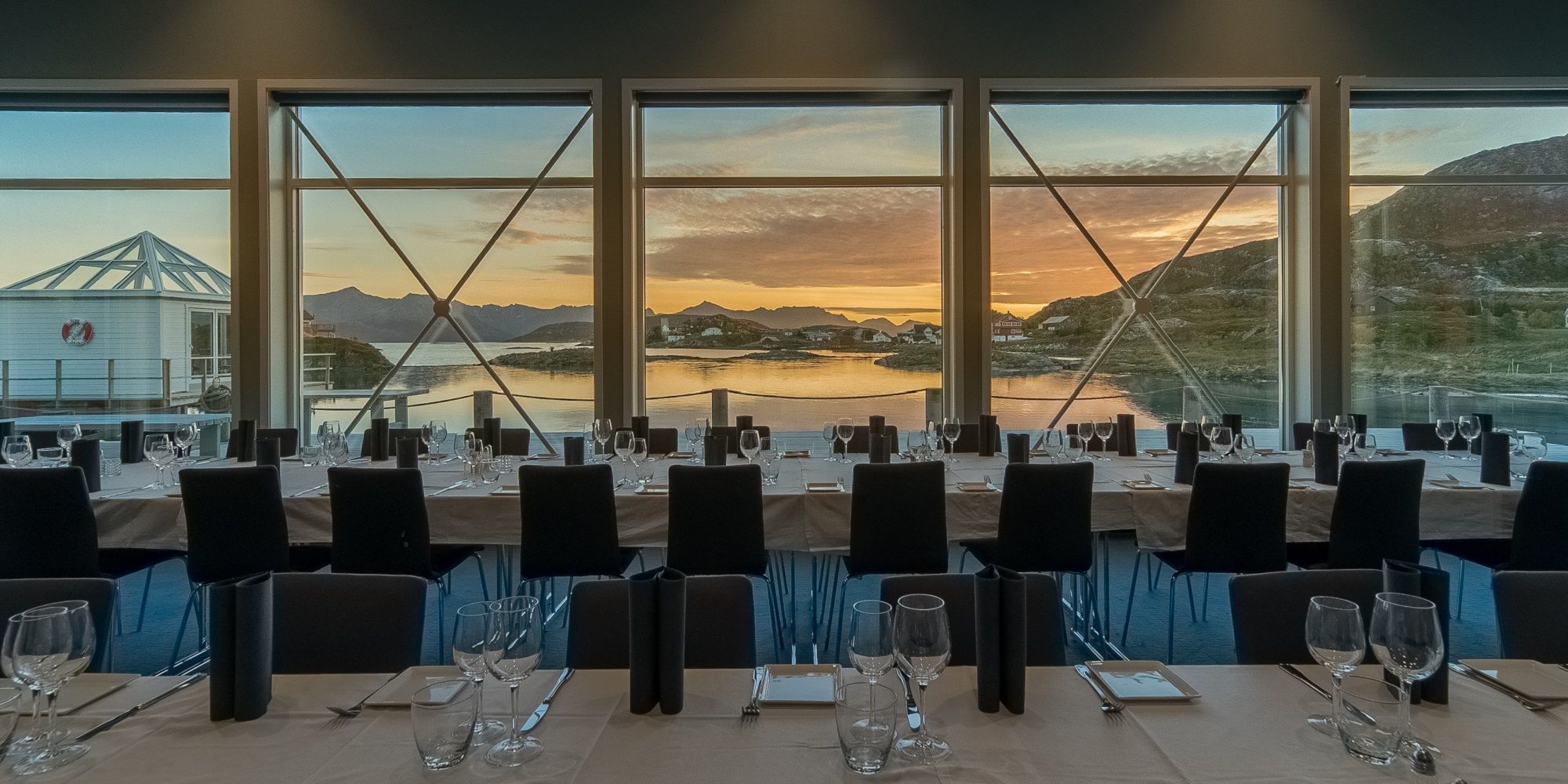 Decorated dining room table at Sommarøy Arctic Hotel near Tromsø, Northern Norway