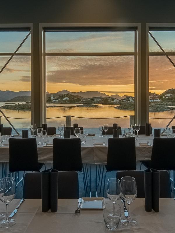 Decorated dining room table at Sommarøy Arctic Hotel near Tromsø, Northern Norway