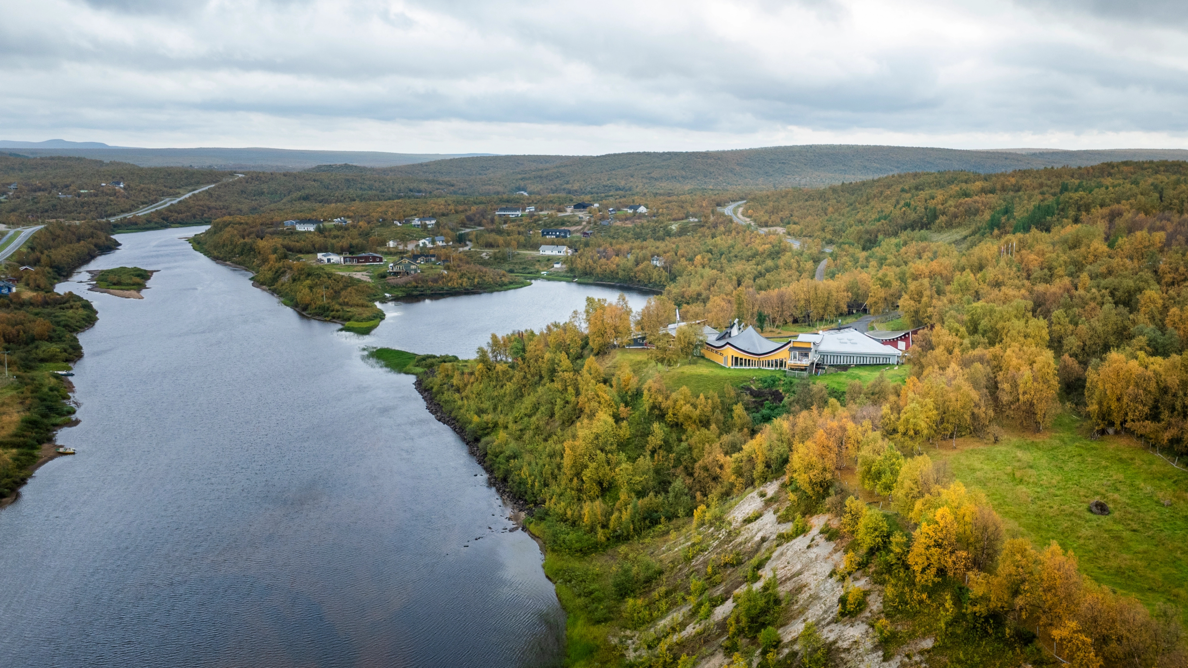Drone shot over Kautokeino with Juhls Silver Gallery in the foreground.