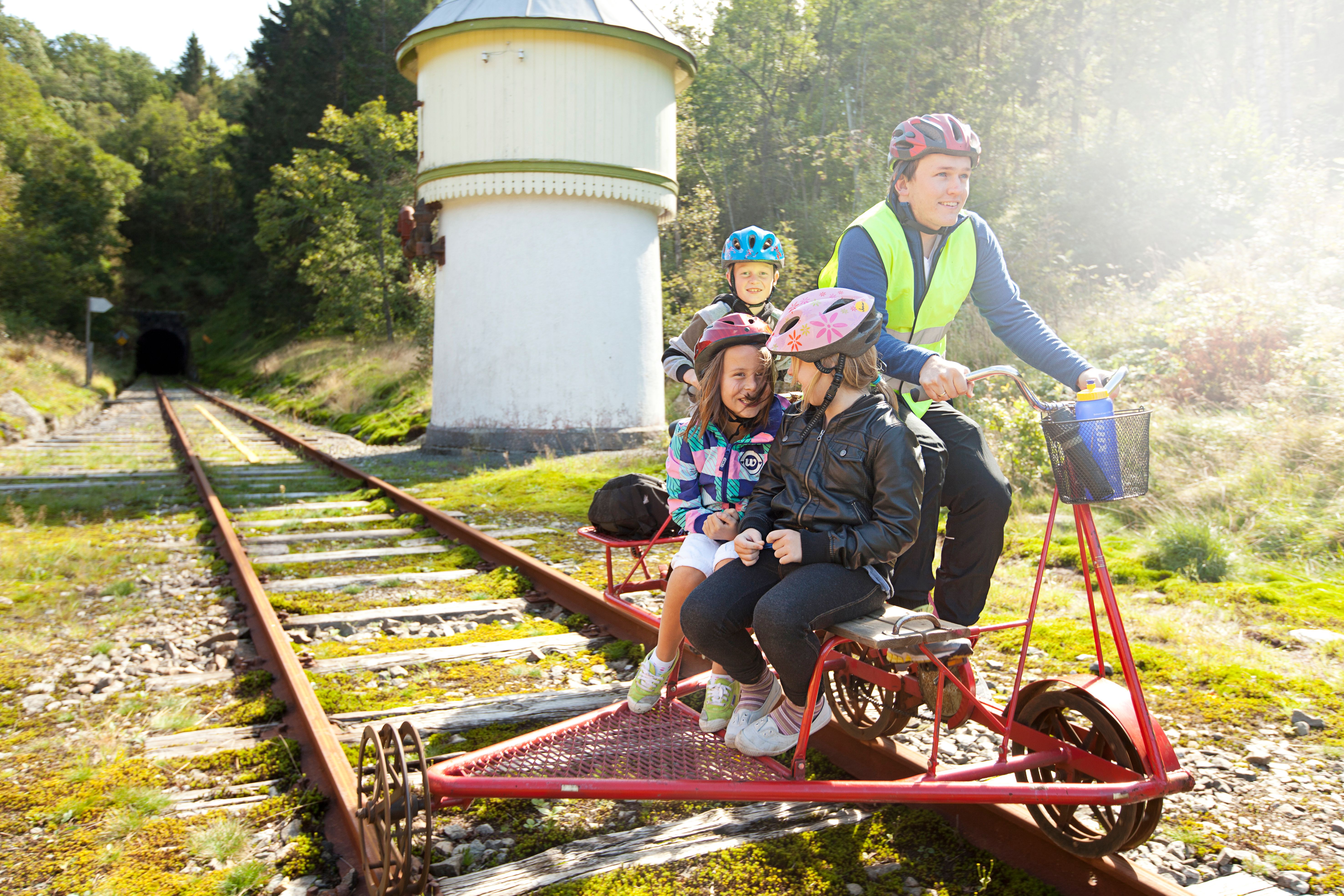 Kids rail biking on the Flekkefjord Line