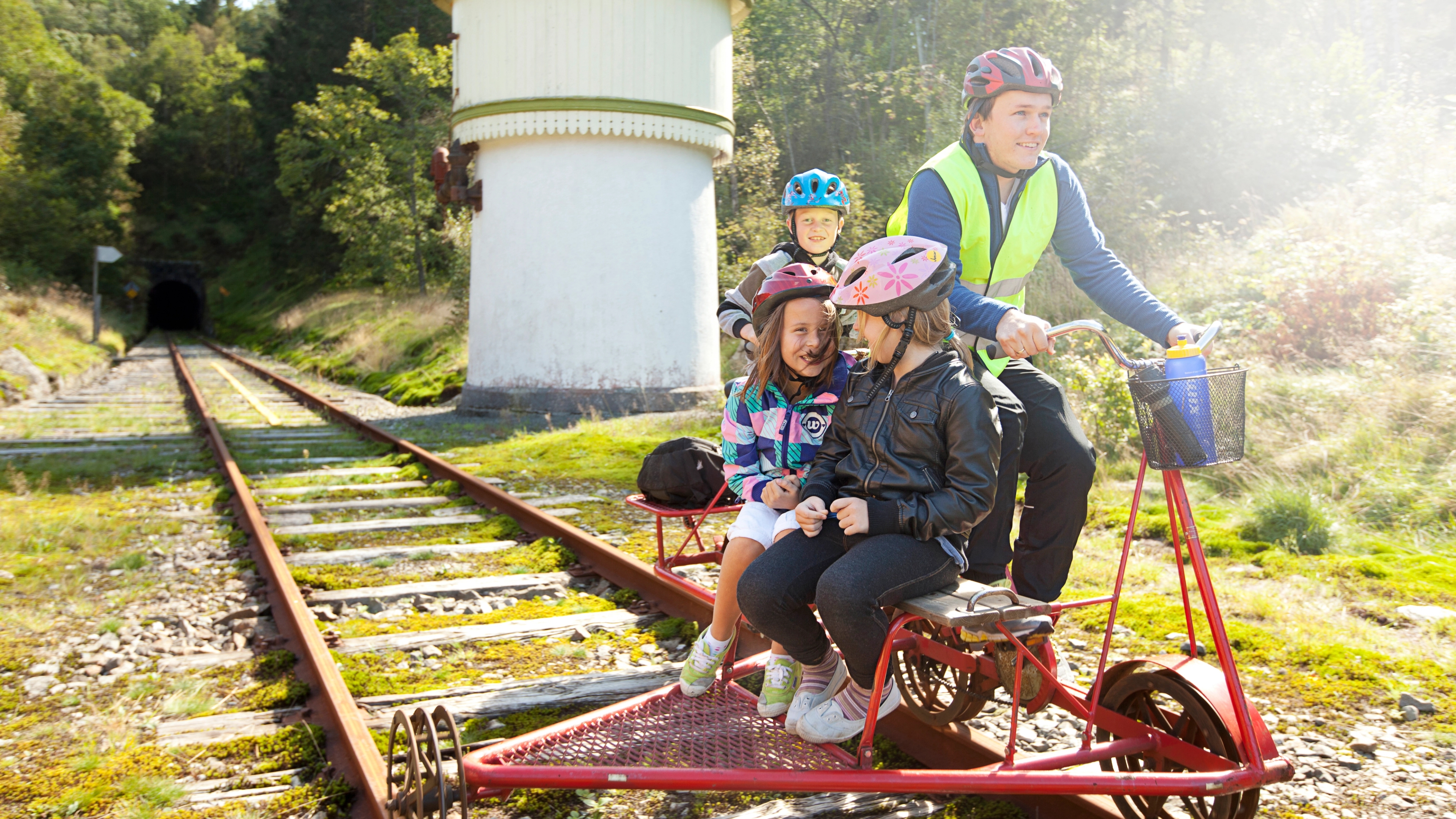 Kids rail biking on the Flekkefjord Line