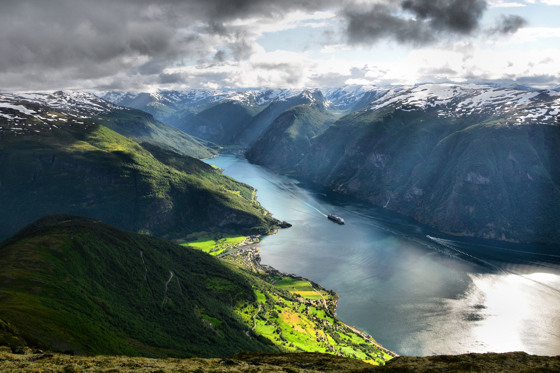 Overview of a green fjord with snowcapped mountains