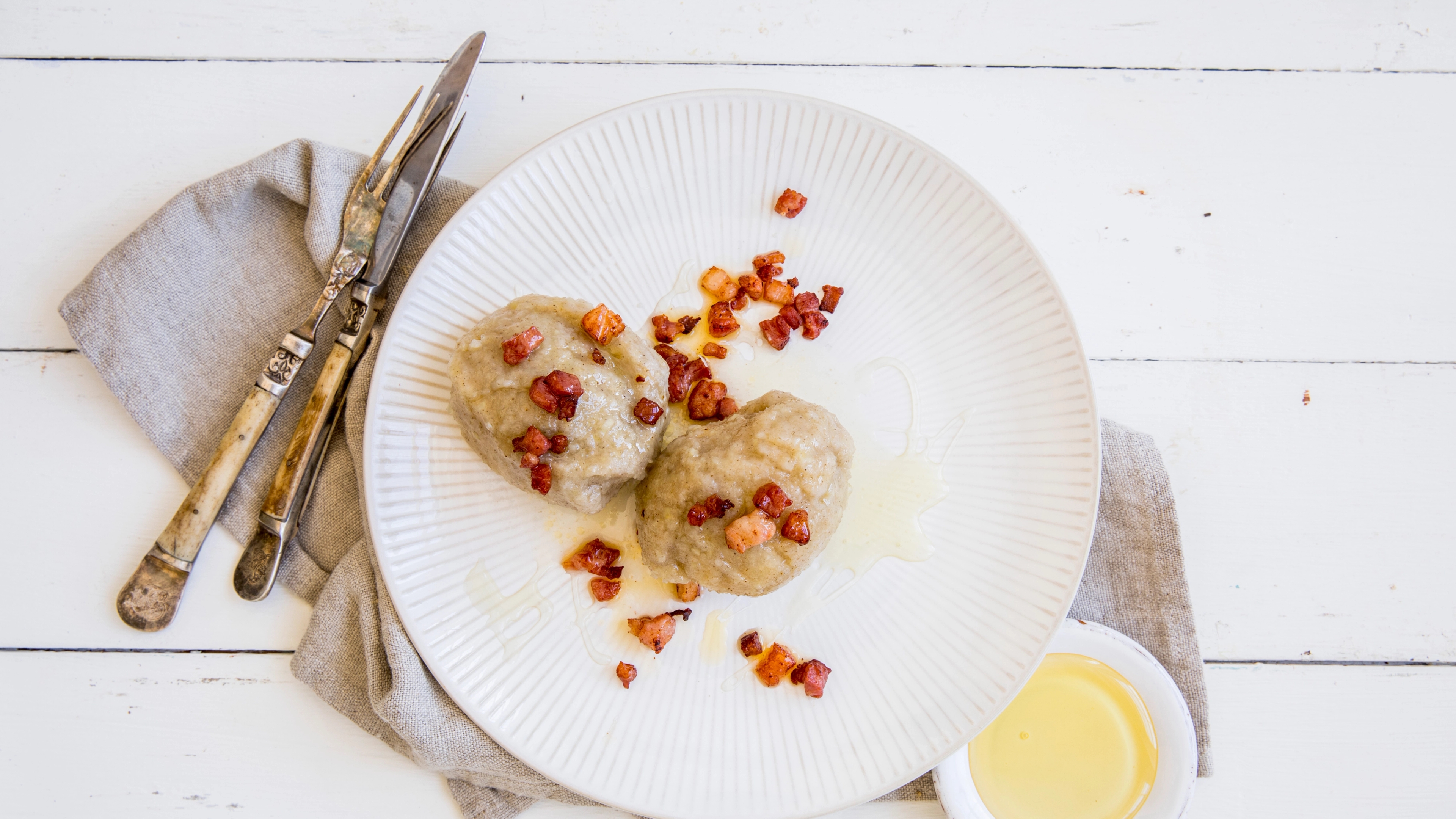 Norwegian potato dumplings, served with bacon