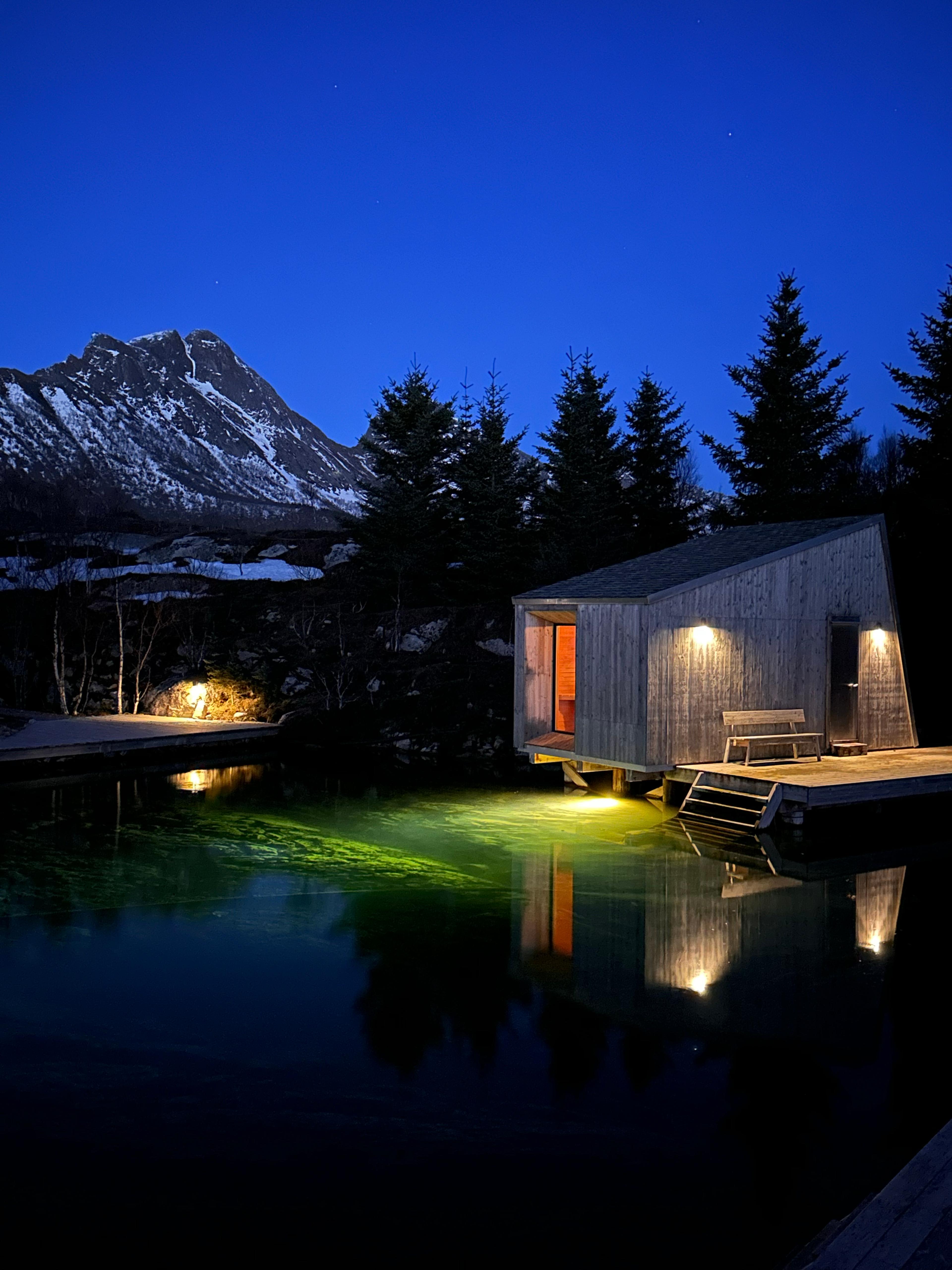 Sauna by a green pond