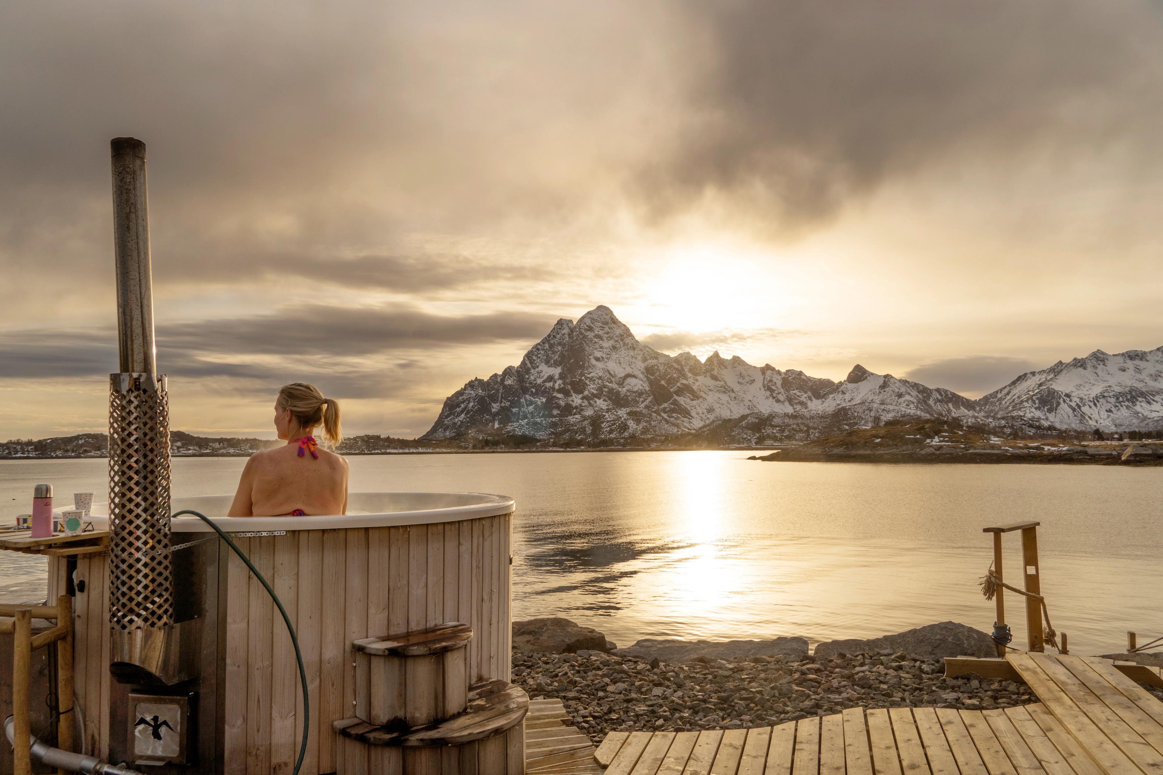 Woman in jacuzzi in Lofoten