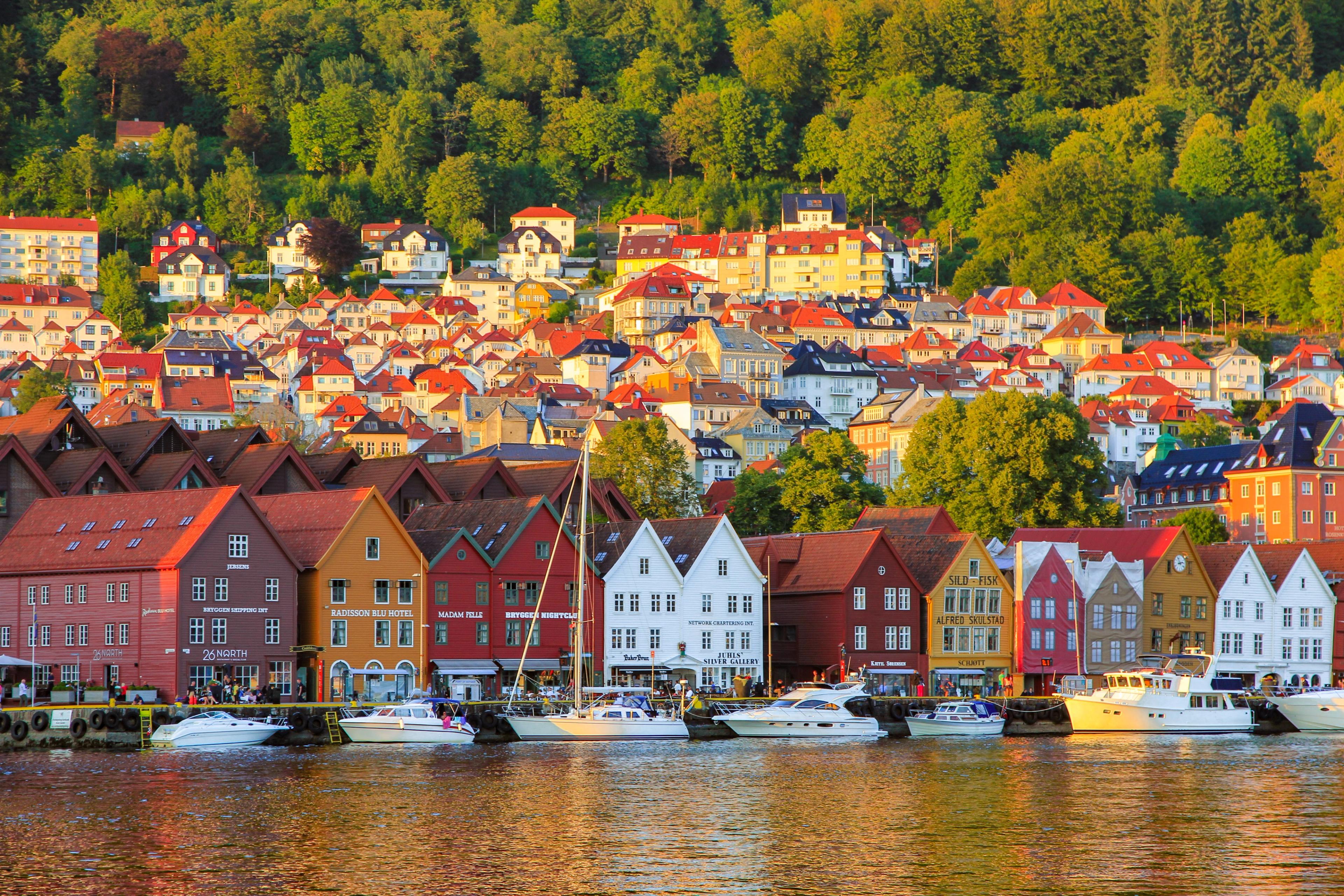 The colorful wharf, Bryggen in Bergen in Fjord Norway during summer
