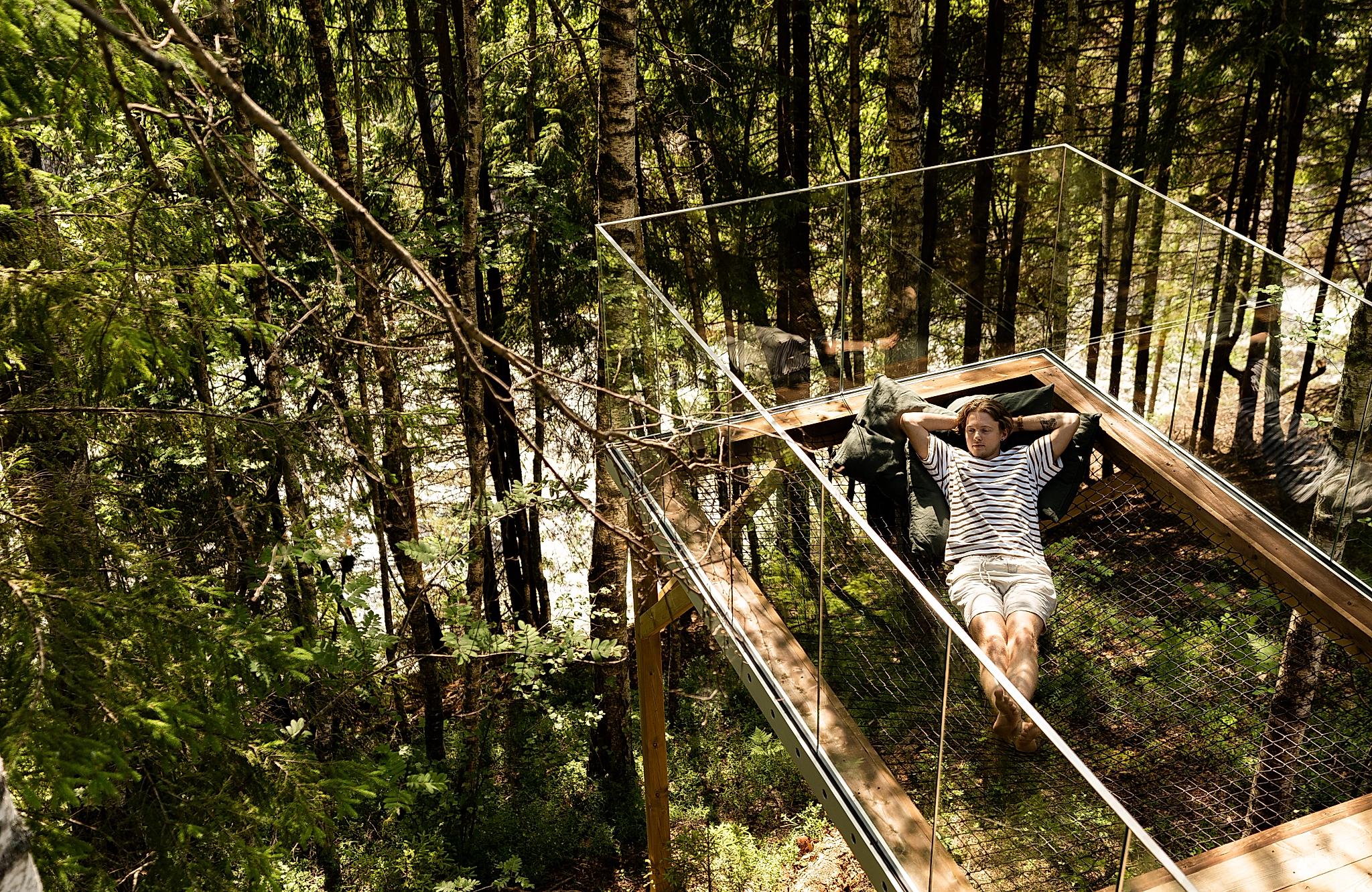 Man enjoying the calming nature from the treetop cabin in Laagen, Larvik
