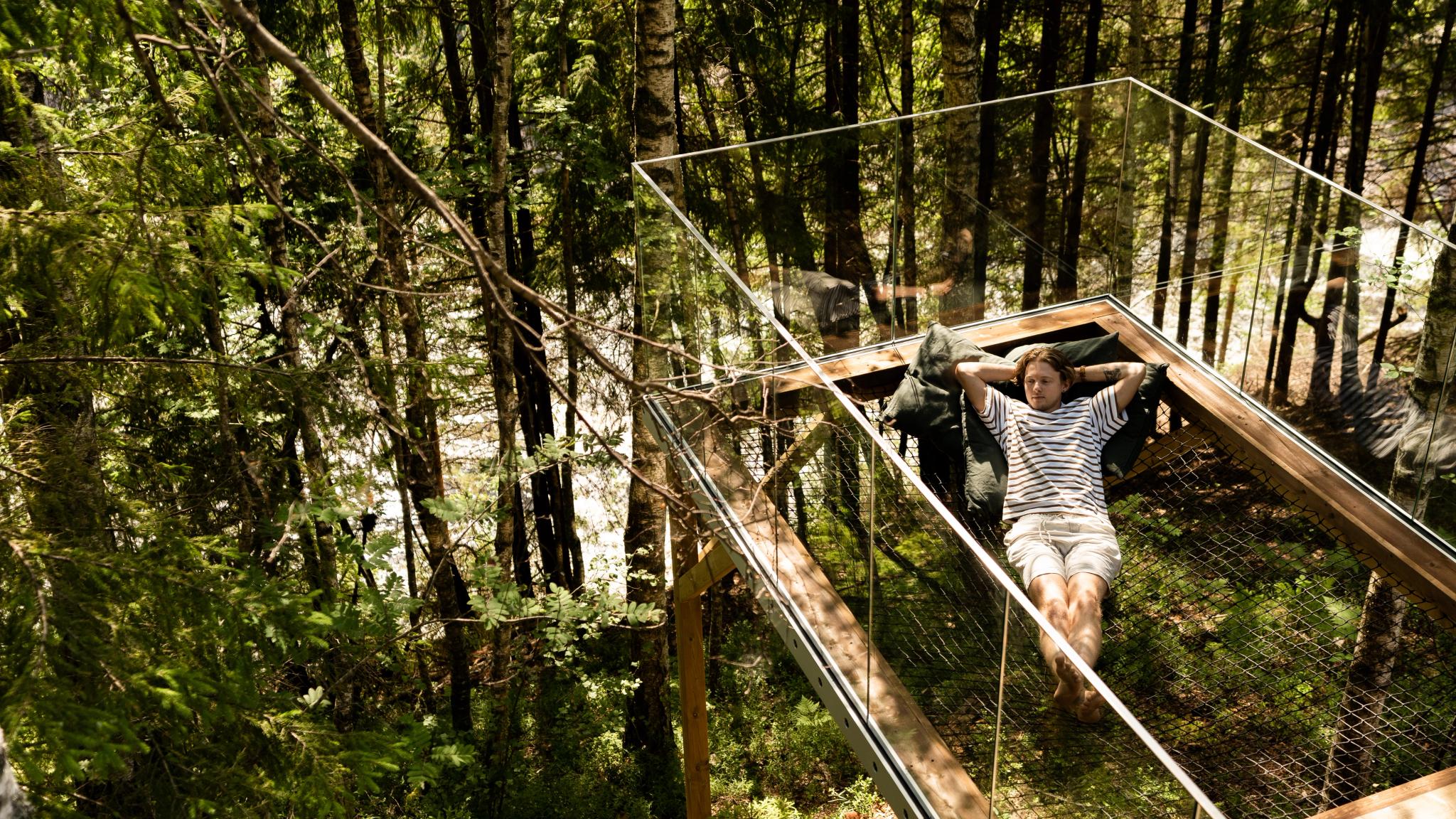 Man enjoying the calming nature from the treetop cabin in Laagen, Larvik