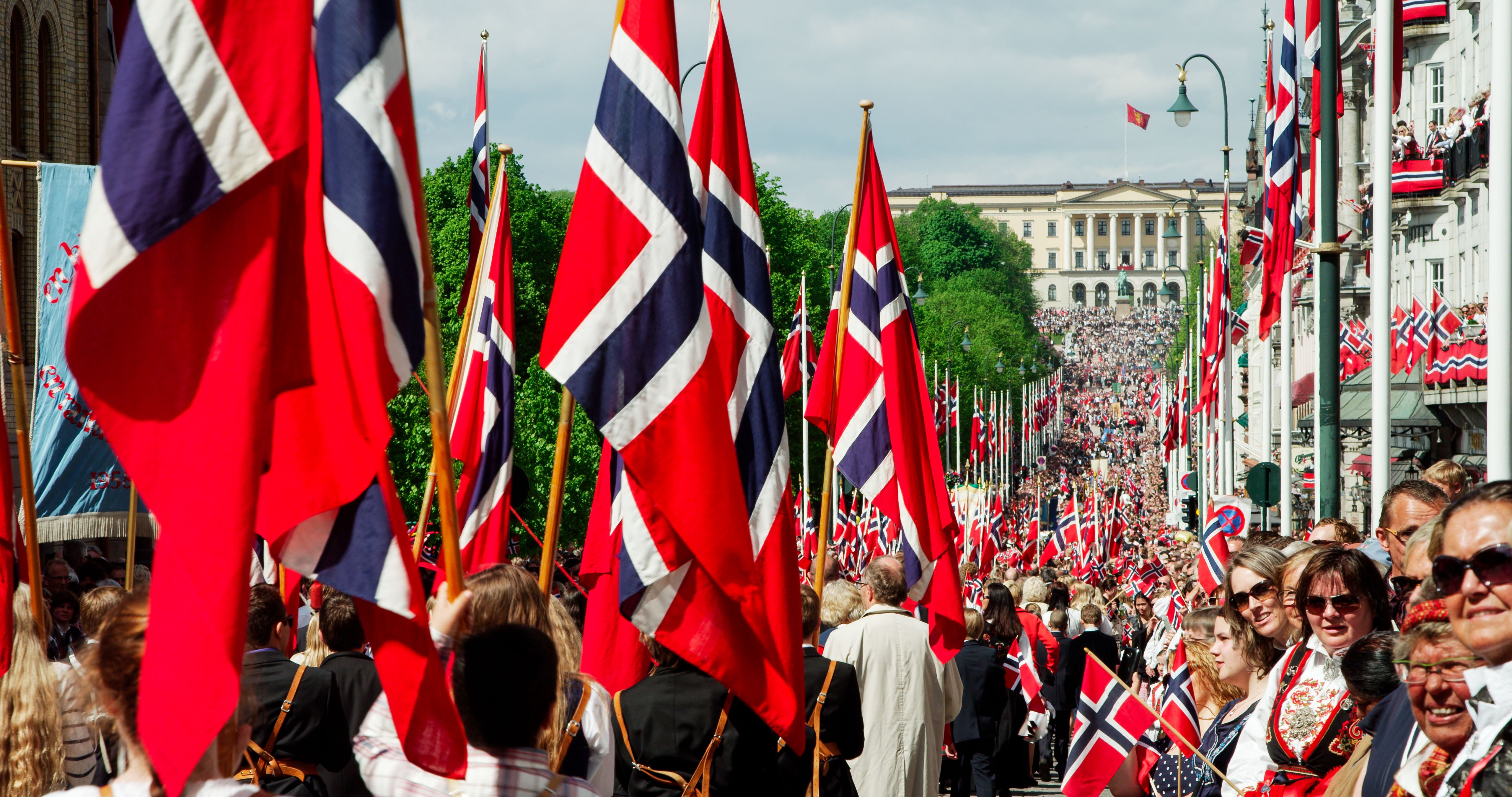 View of the children's parade with hundreds of Norwegian flags in Oslo on 17 May, Norway’s national day