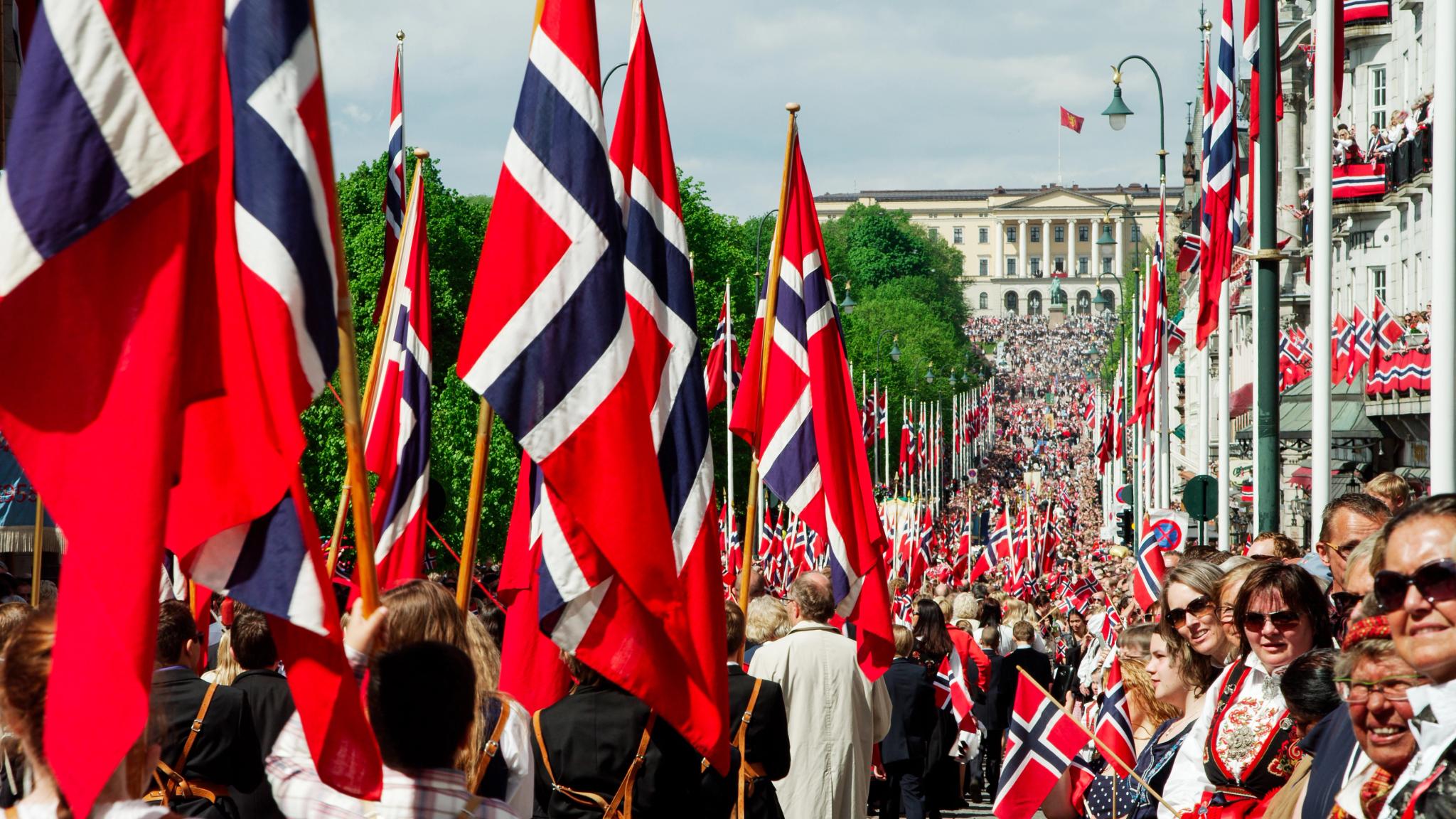 View of the children's parade with hundreds of Norwegian flags in Oslo on 17 May, Norway’s national day