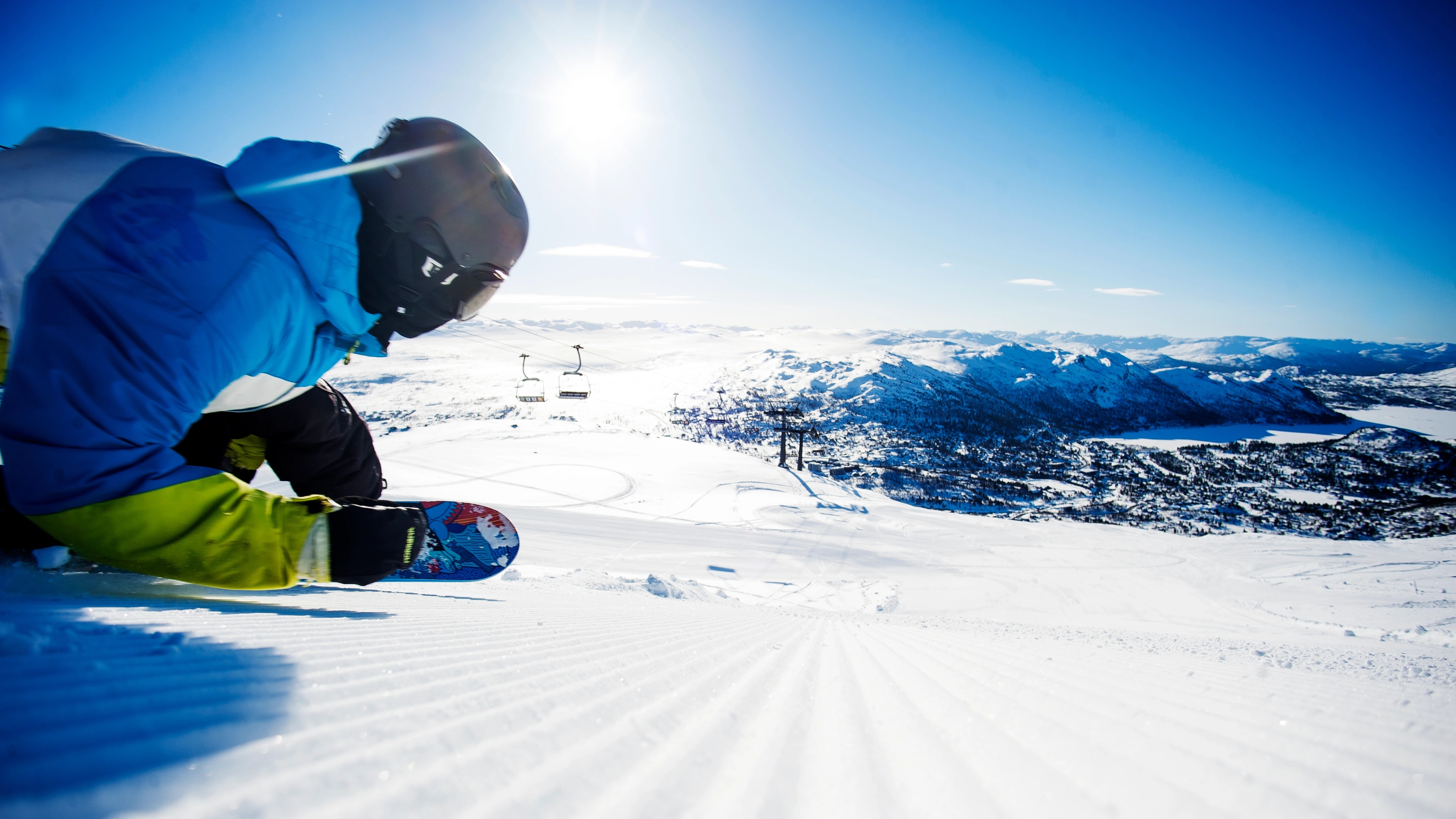 Snowboarder in full speed at Hovden Alpine Centre in Setesdal, Southern Norway