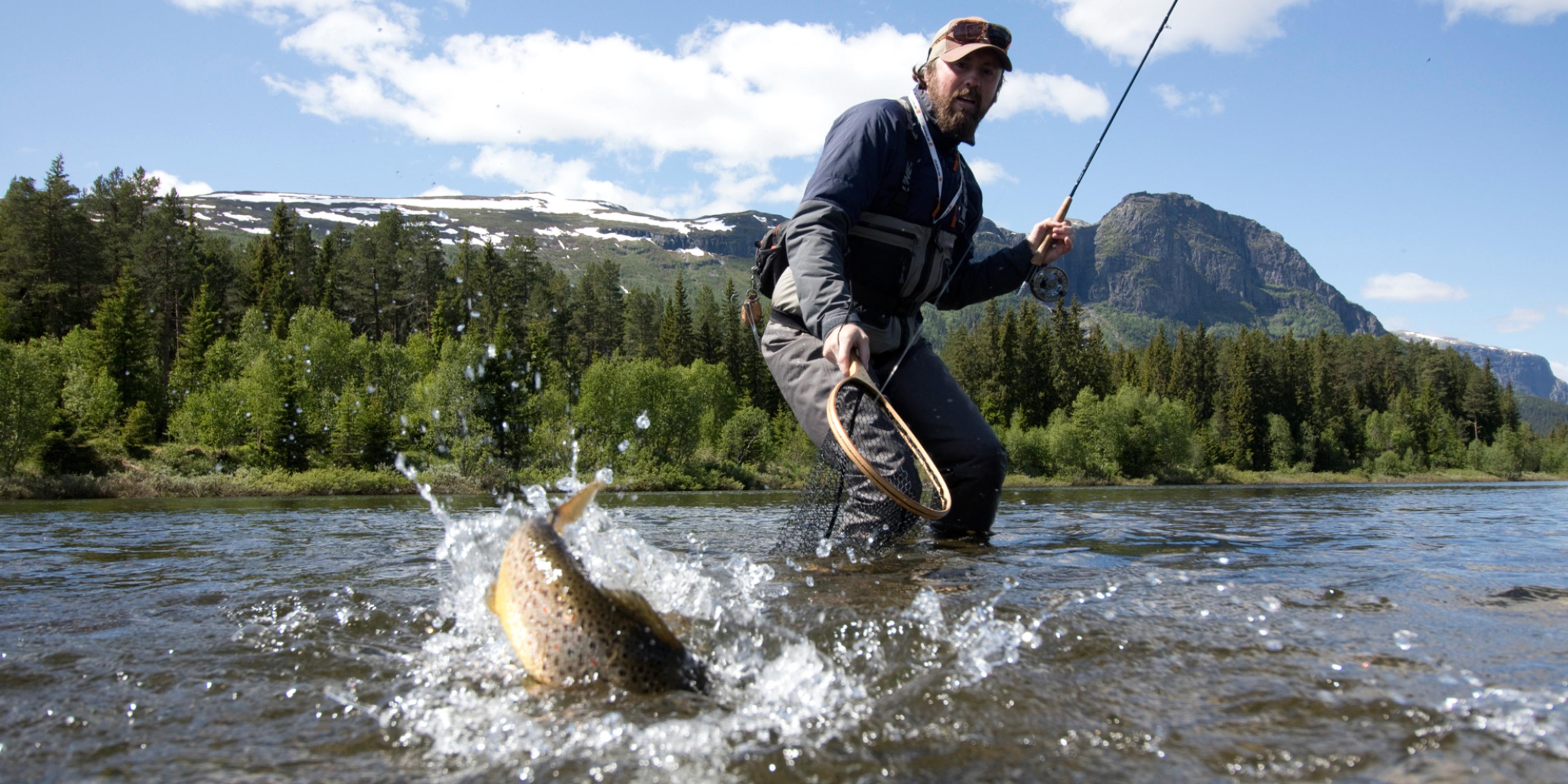 A man catching a fish in a river in Hemsedal, Eastern Norway