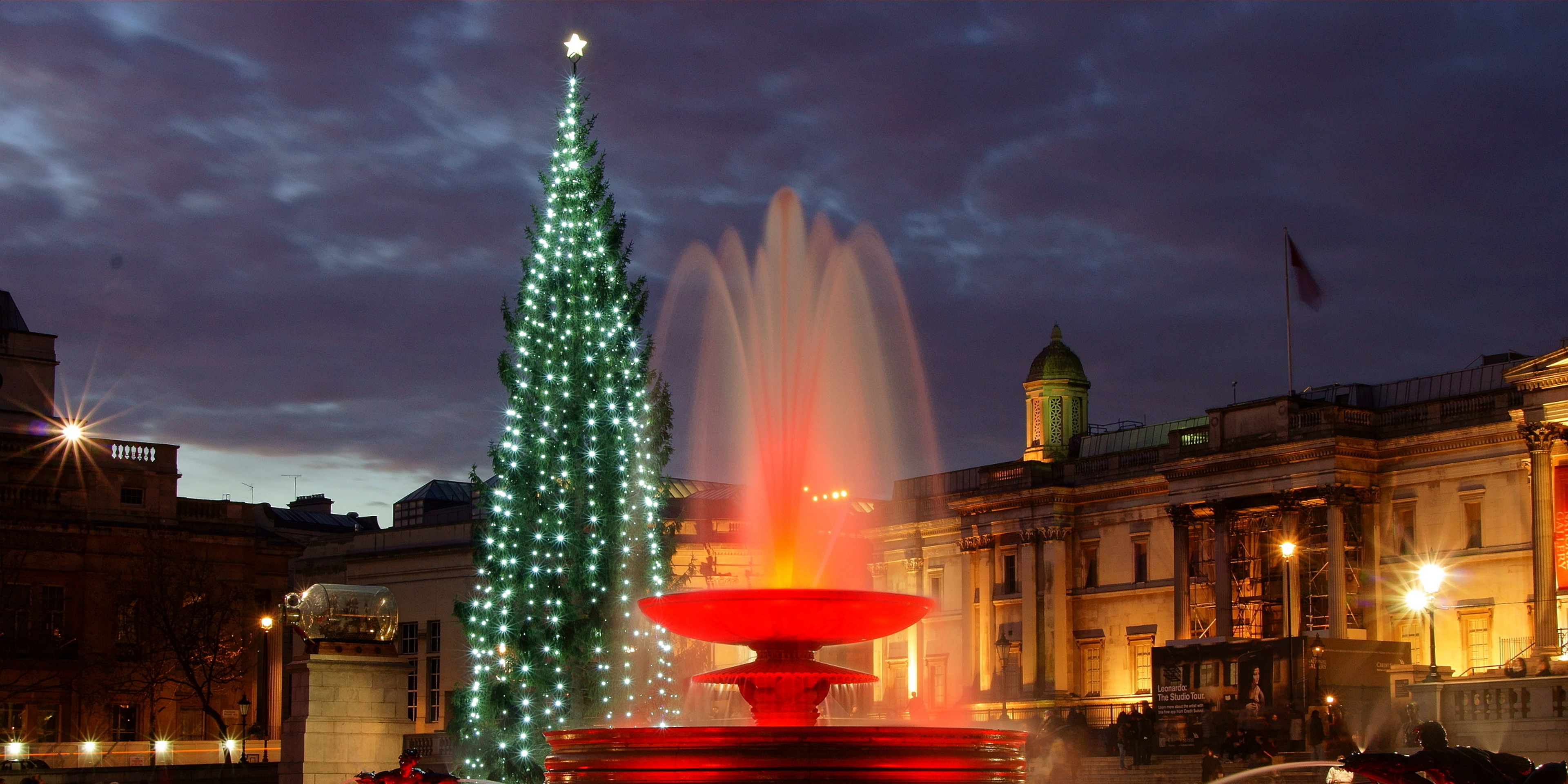 Christmas tree at Trafalgar Square at night in London