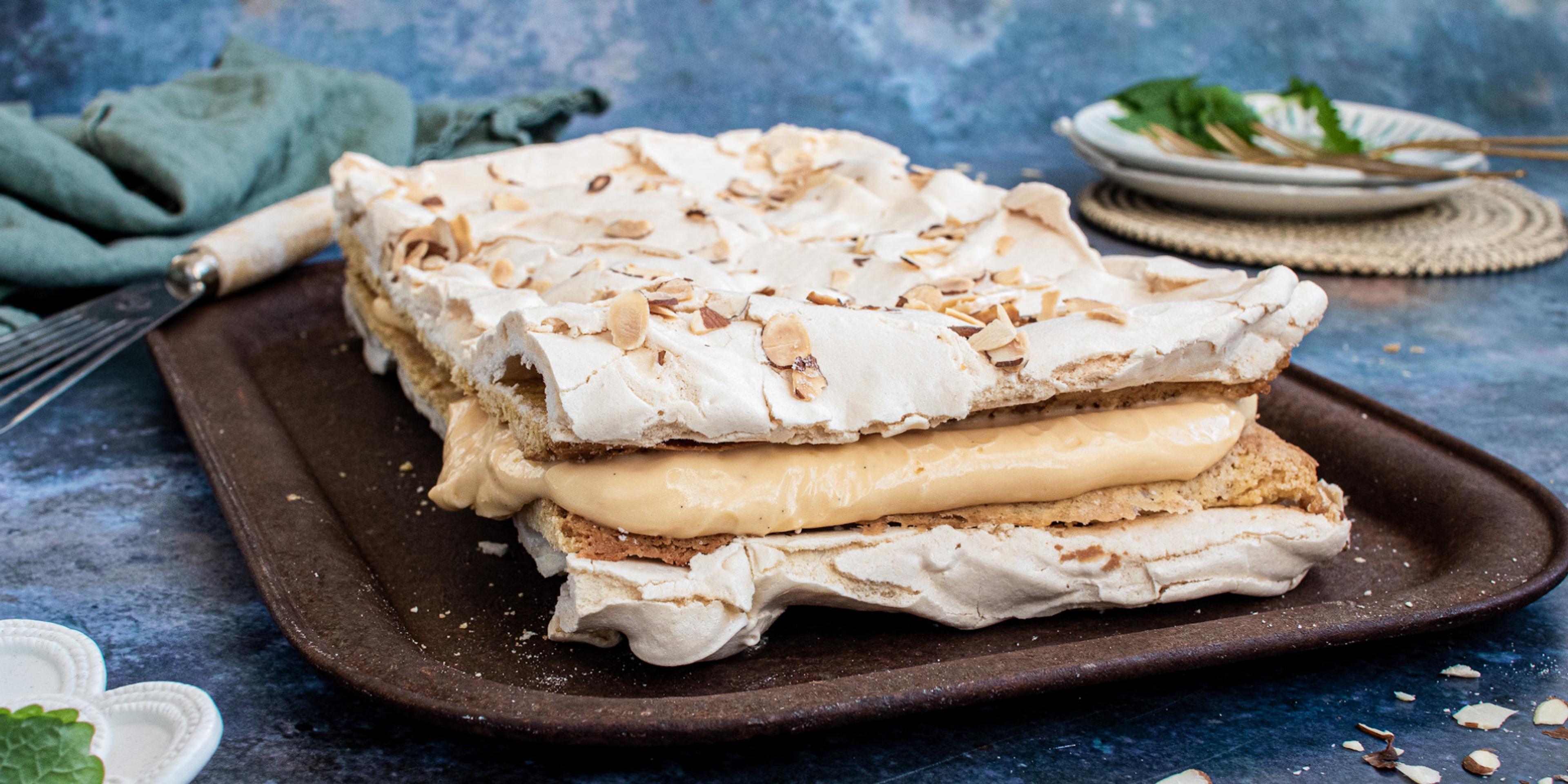 A classic Kvæfjordkake, Norway's national cake