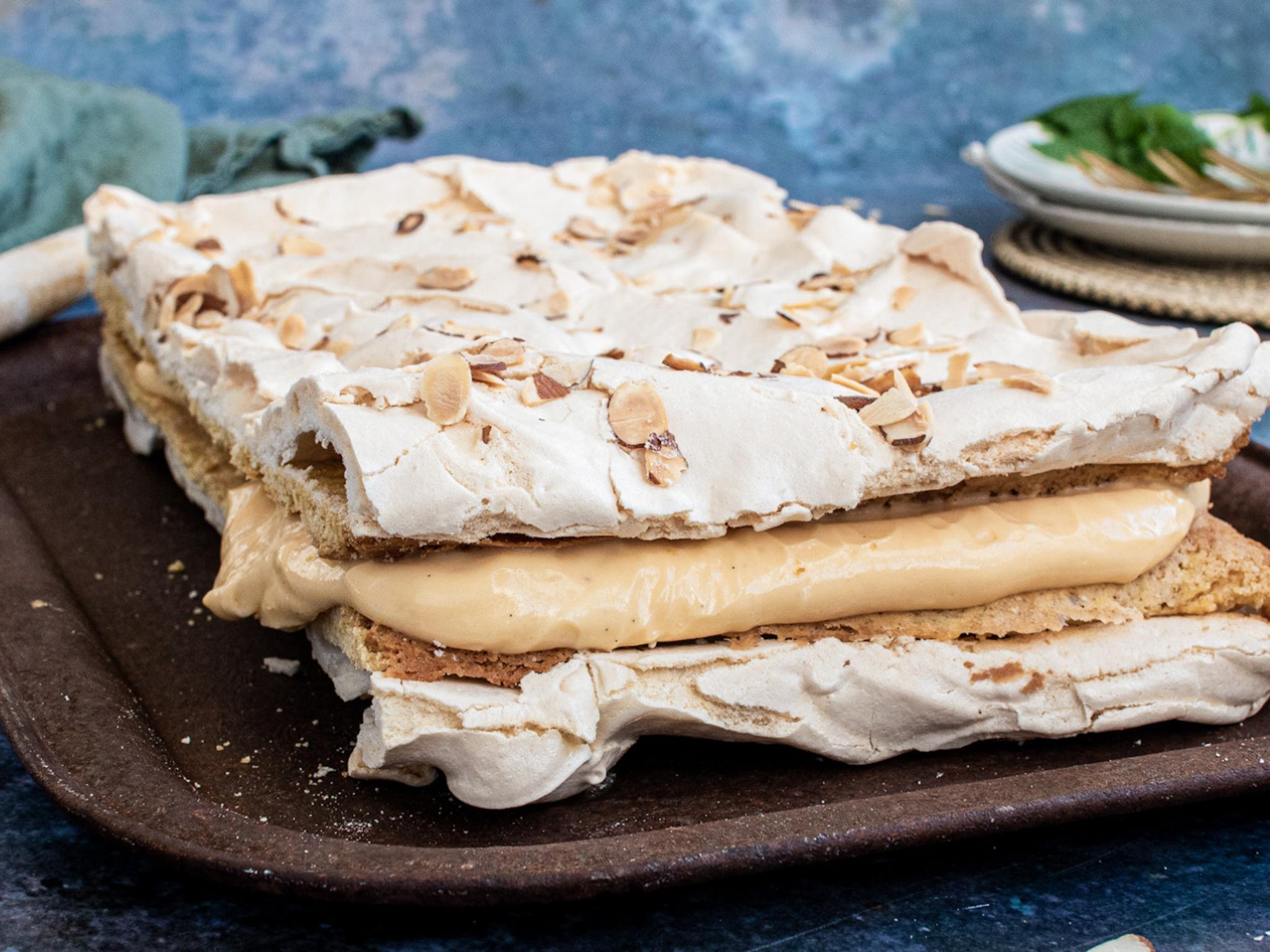 A classic Kvæfjordkake, Norway's national cake