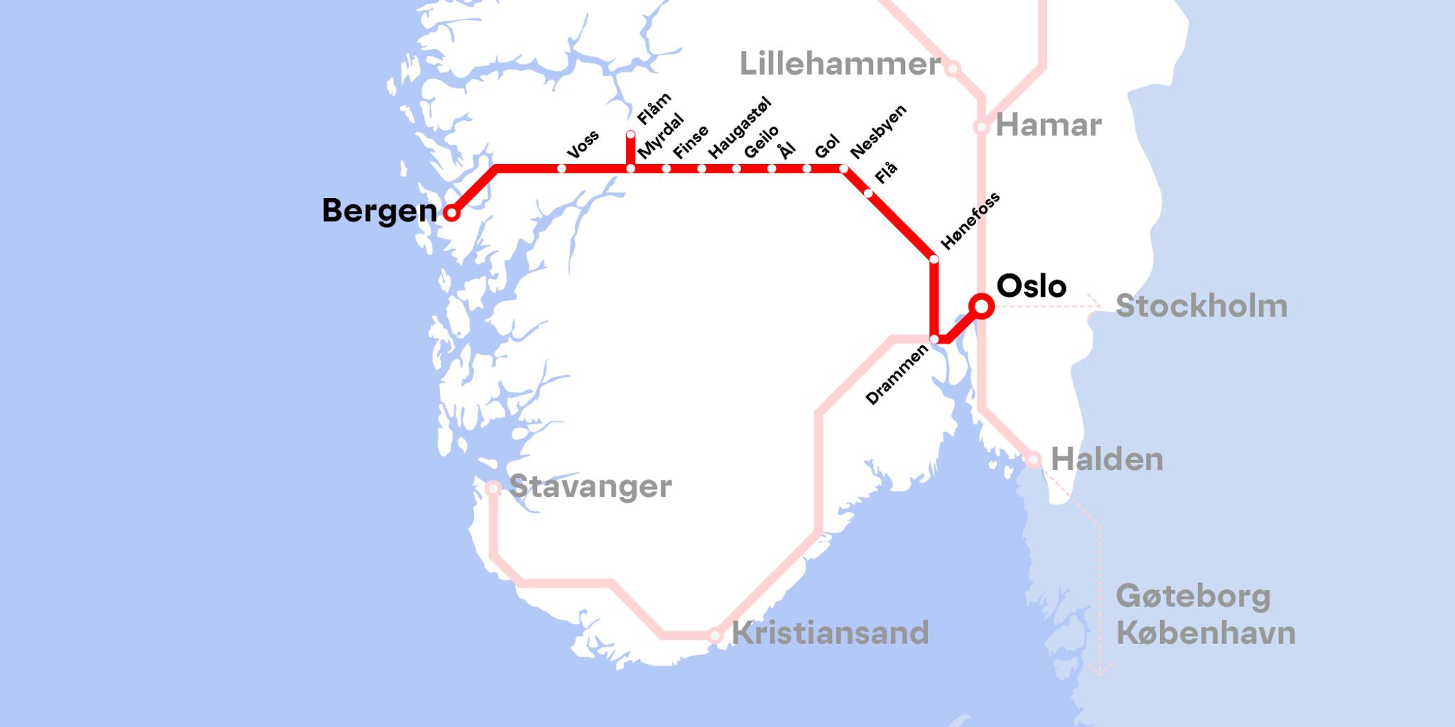 Map of the main train lines in Norway.