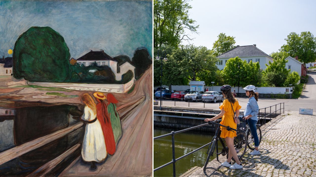 Collage of Edvard Munchs "The Girls on the Bridge"-painting and real life picture from the same bridge in Åsgårdstrand