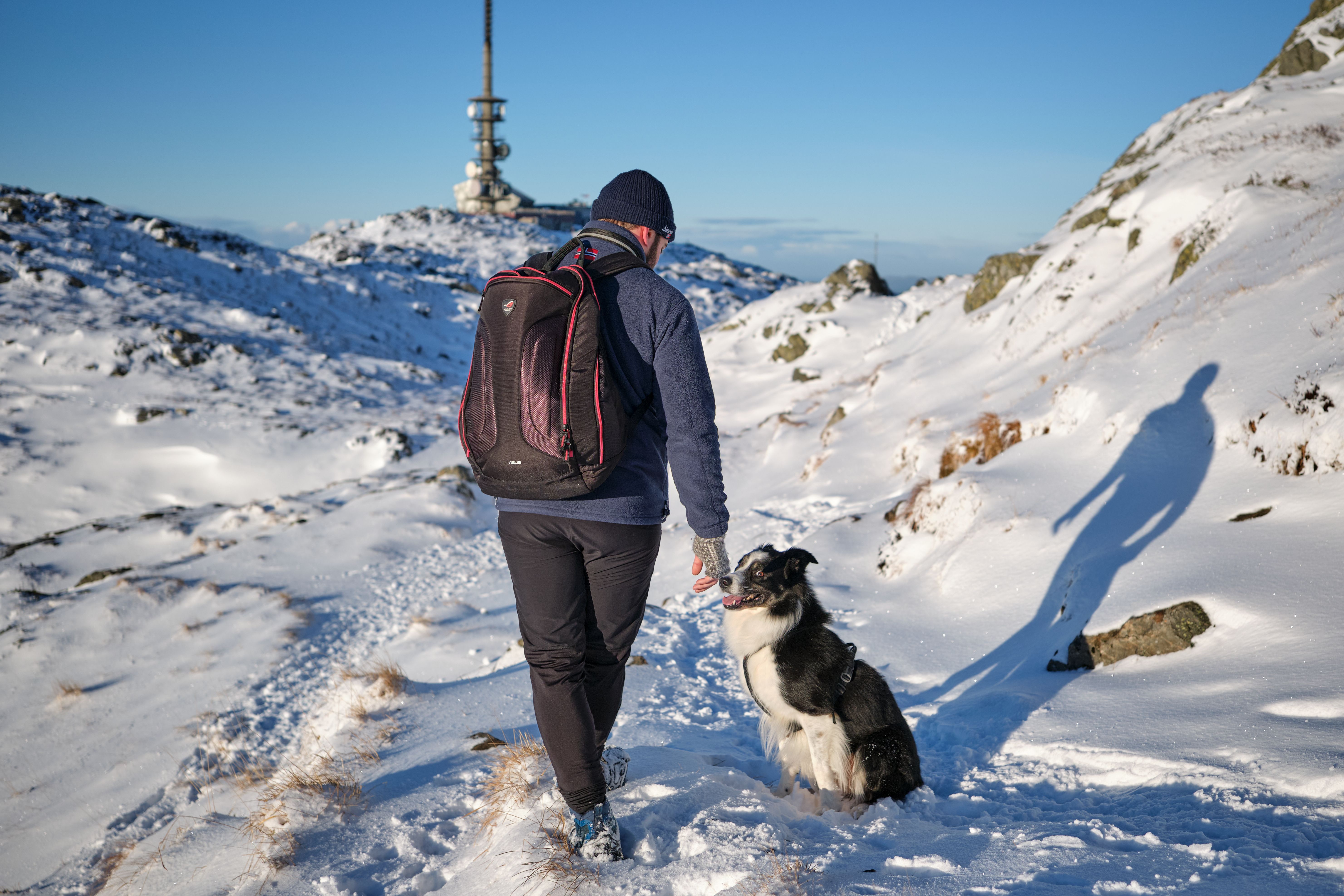 Winter hiking with dog on Mount Ulriken