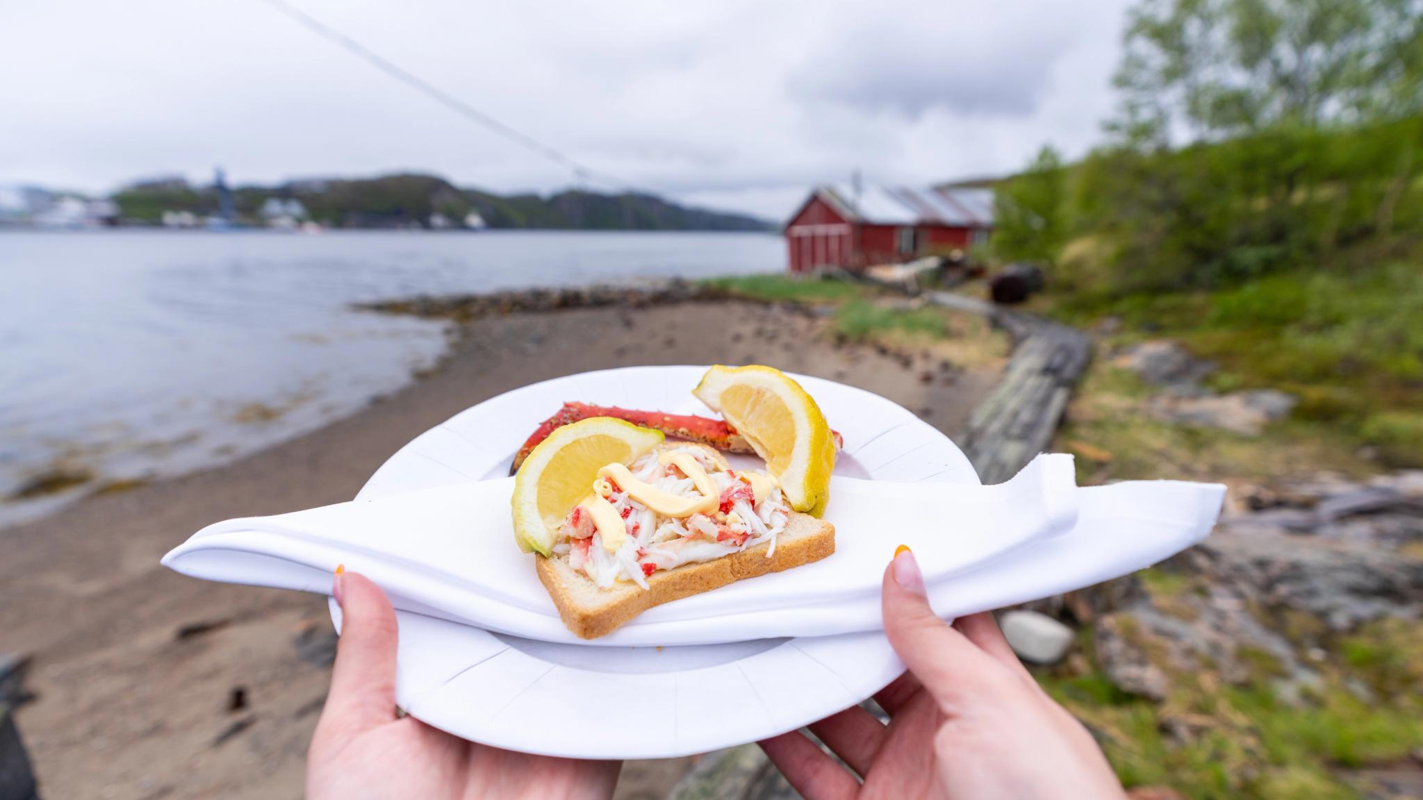 A plate with king crab, lemon and mayonnaise.