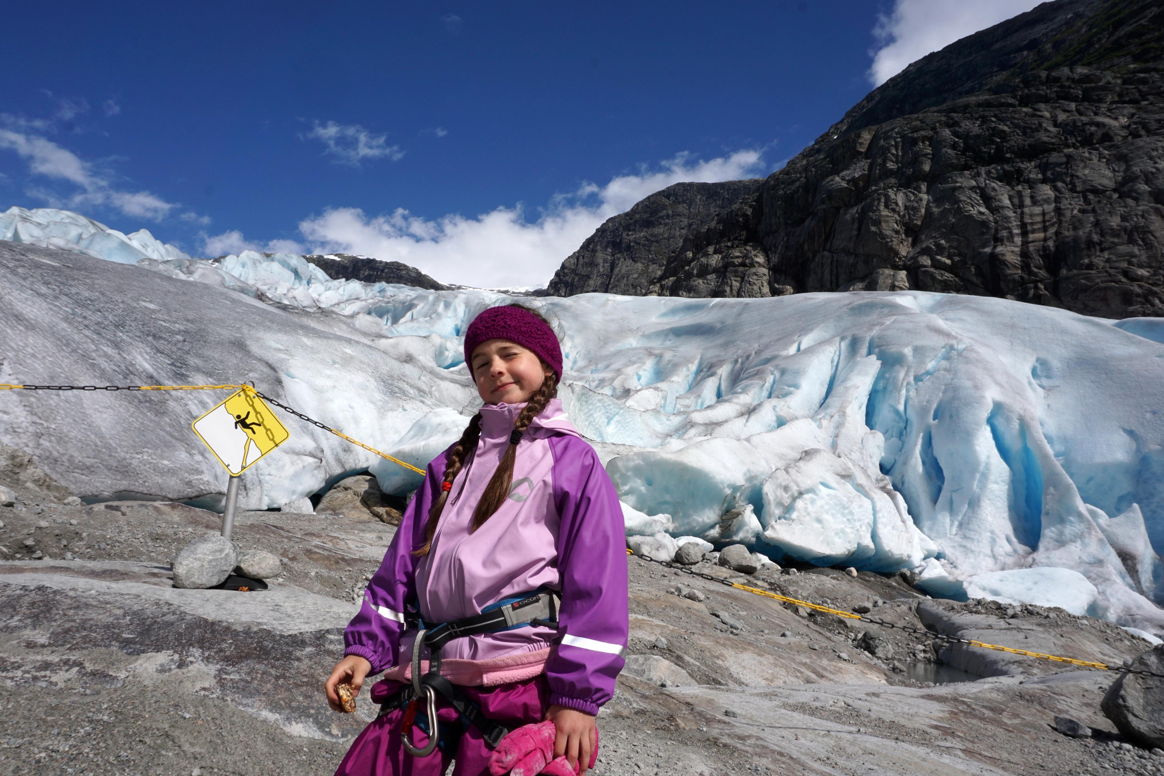 A girl eating lunch by the Jostedalsbreen Glacier