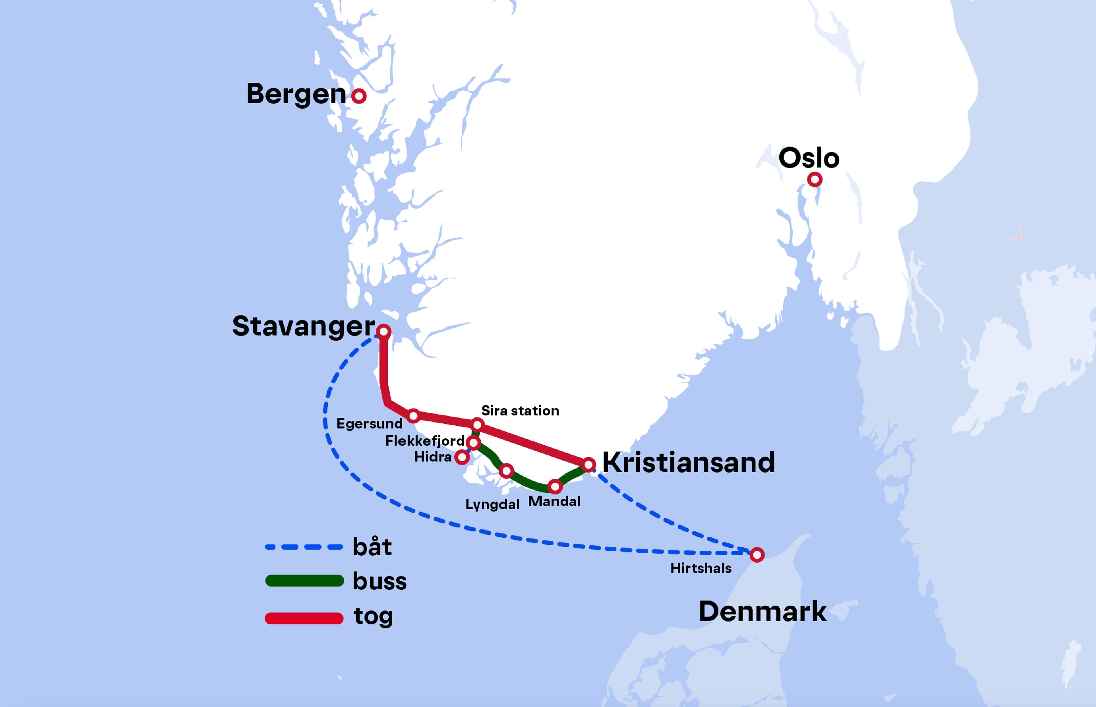 Kart - Kristiansand - Mandal - Flekkefjord - Egersund - Stavanger