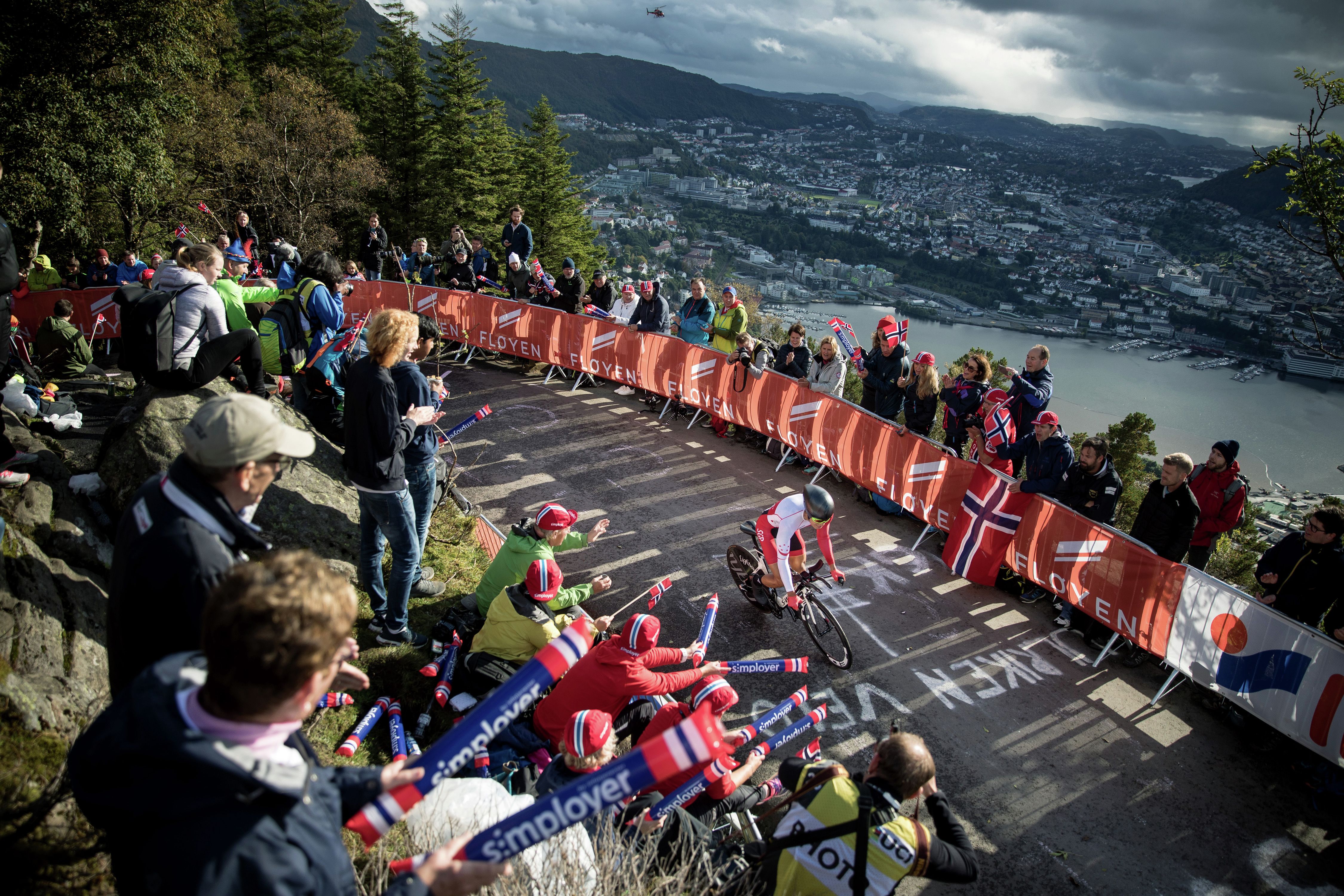 Spectators watching the UCI Road World Championships with a view over Bergen, Norway